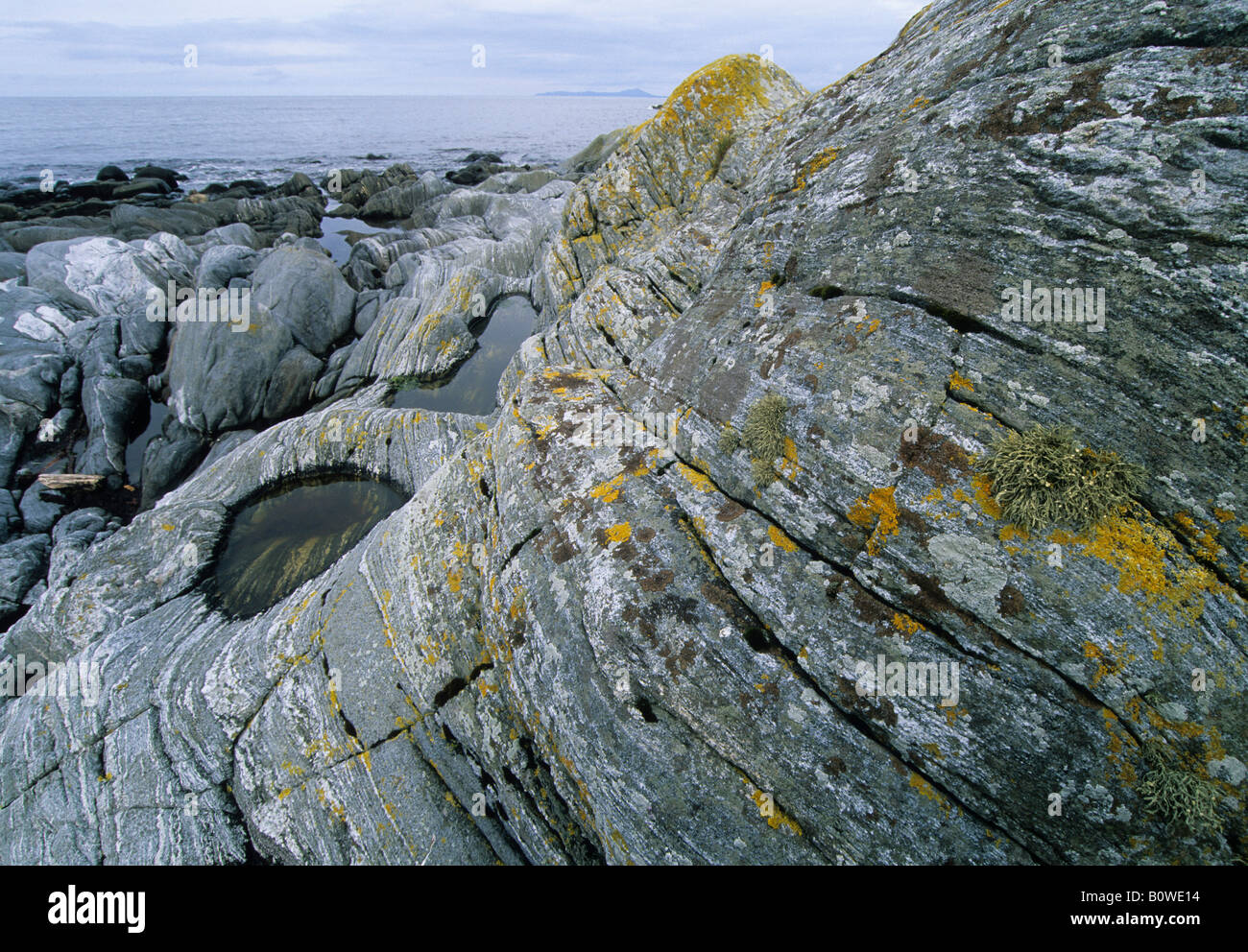 Rock formation, layered, lines and yellow lichens along the coast of Runde Island, More og Romsdal, Norway, Scandinavia, Europe Stock Photo