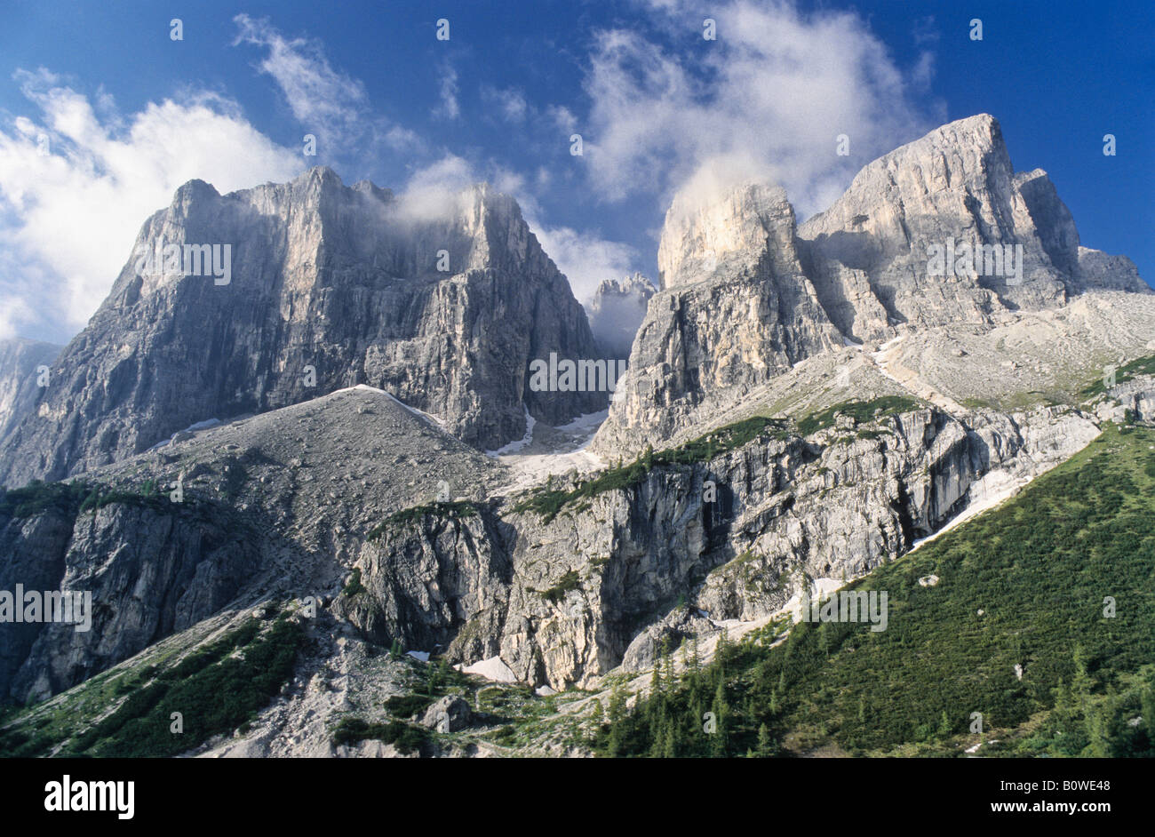 Group of jagged mountains rand thin clouds, Dolomites, Bolzano-Bozen, Italy, Europe Stock Photo