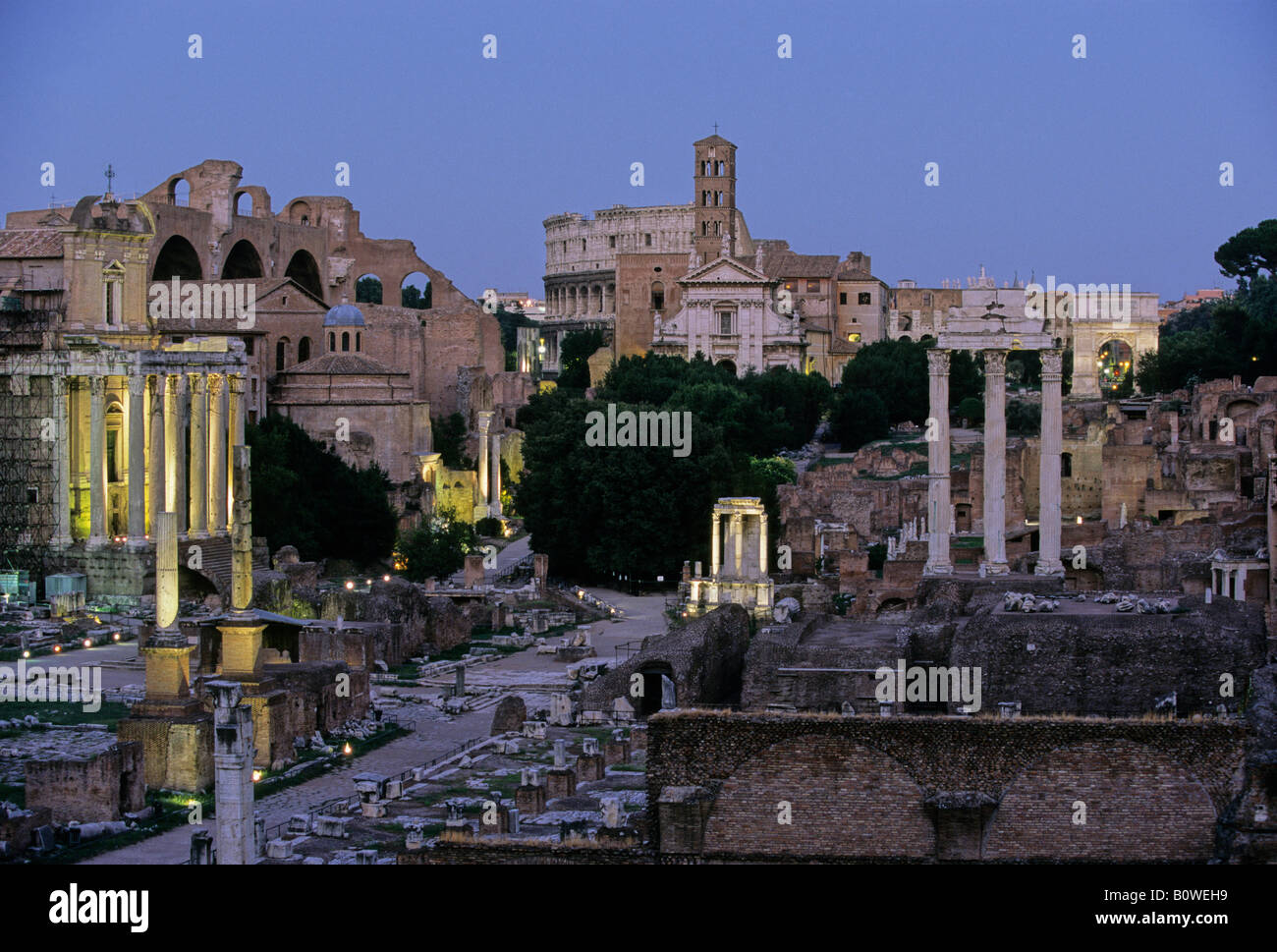 Left to right: Temple of Antoninus and Faustina, Basilica of Maxentius and Constantine, Colosseum, S. Francesca Romana, Vesta T Stock Photo