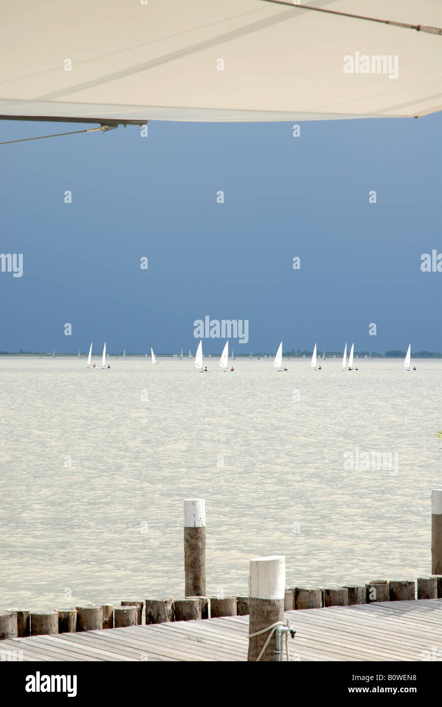 View from Restaurant Mole West at the Lake Neusiedl with sailing boats, Neusiedl am See, Burgenland, Austria Stock Photo