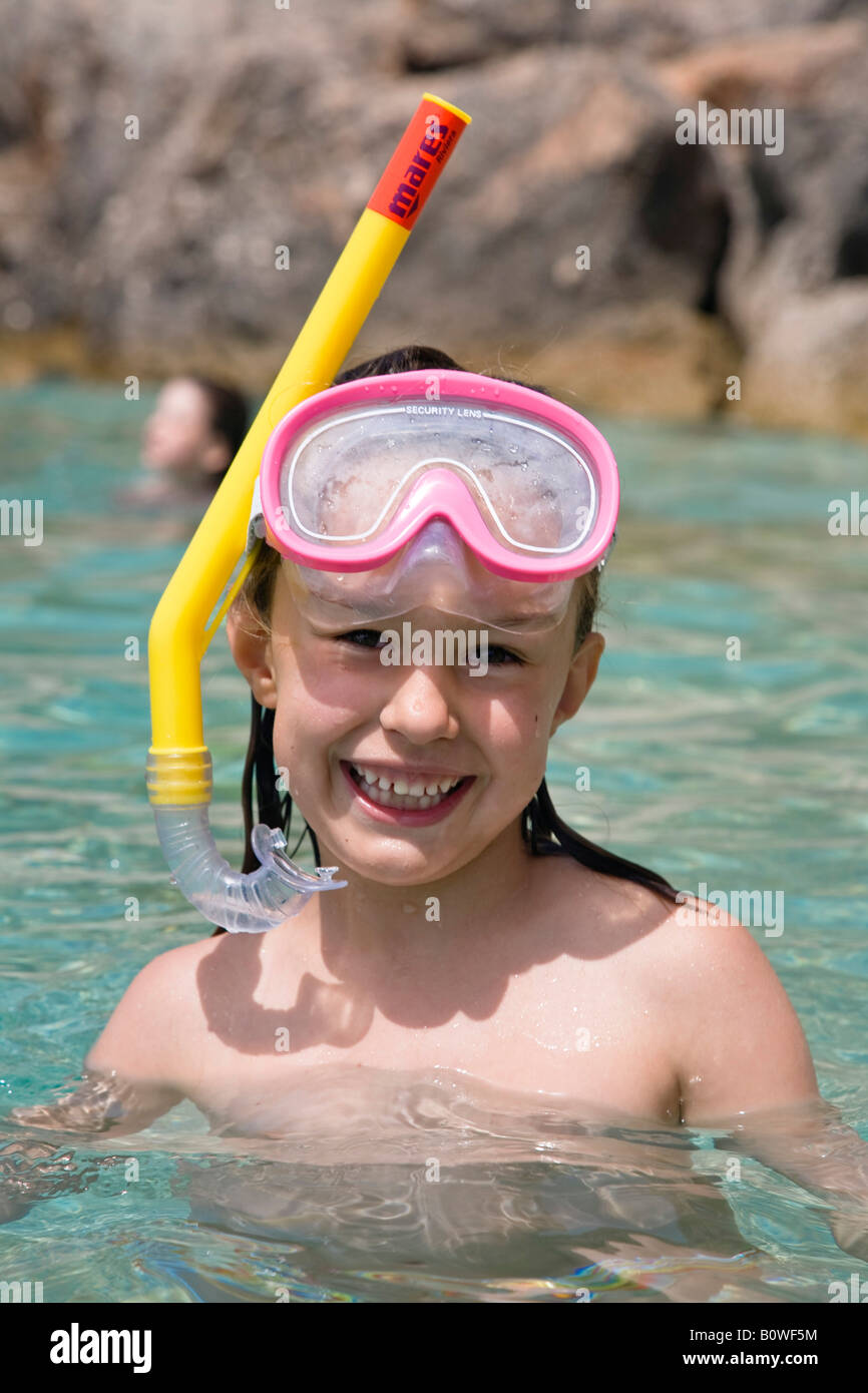 Little girl wearing diving goggles and snorkel, Croatia, Europe Stock Photo