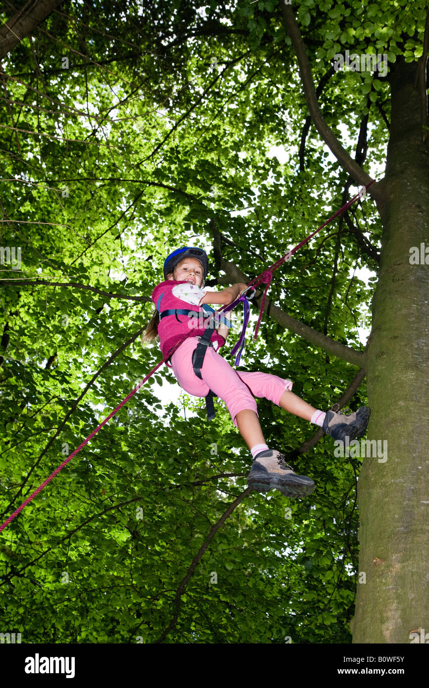 Little girl climbing a tree, Upper Bavaria, Germany, Europe Stock Photo