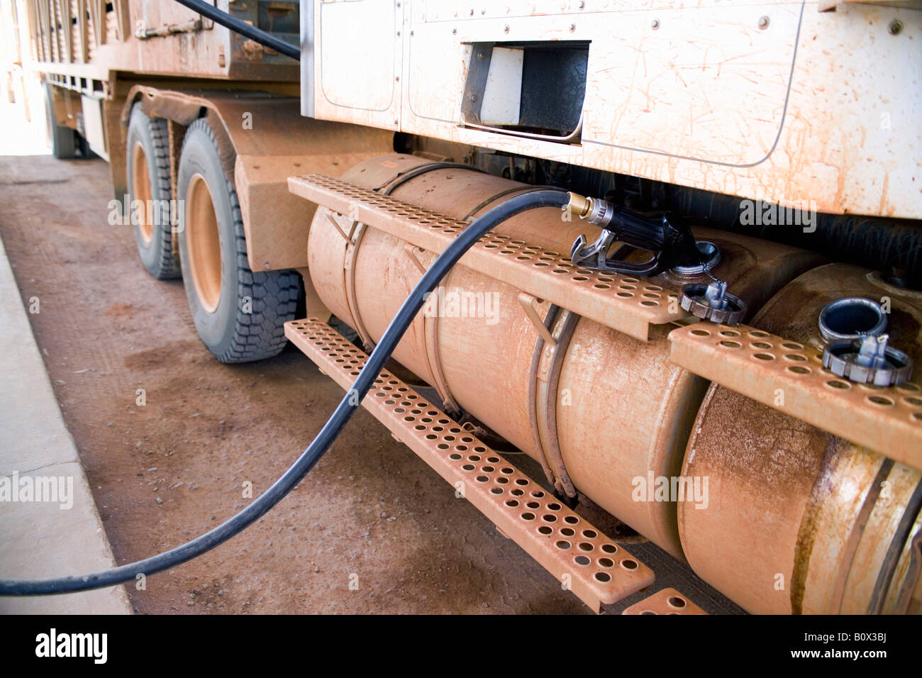 A petrol pump refueling a truck Stock Photo