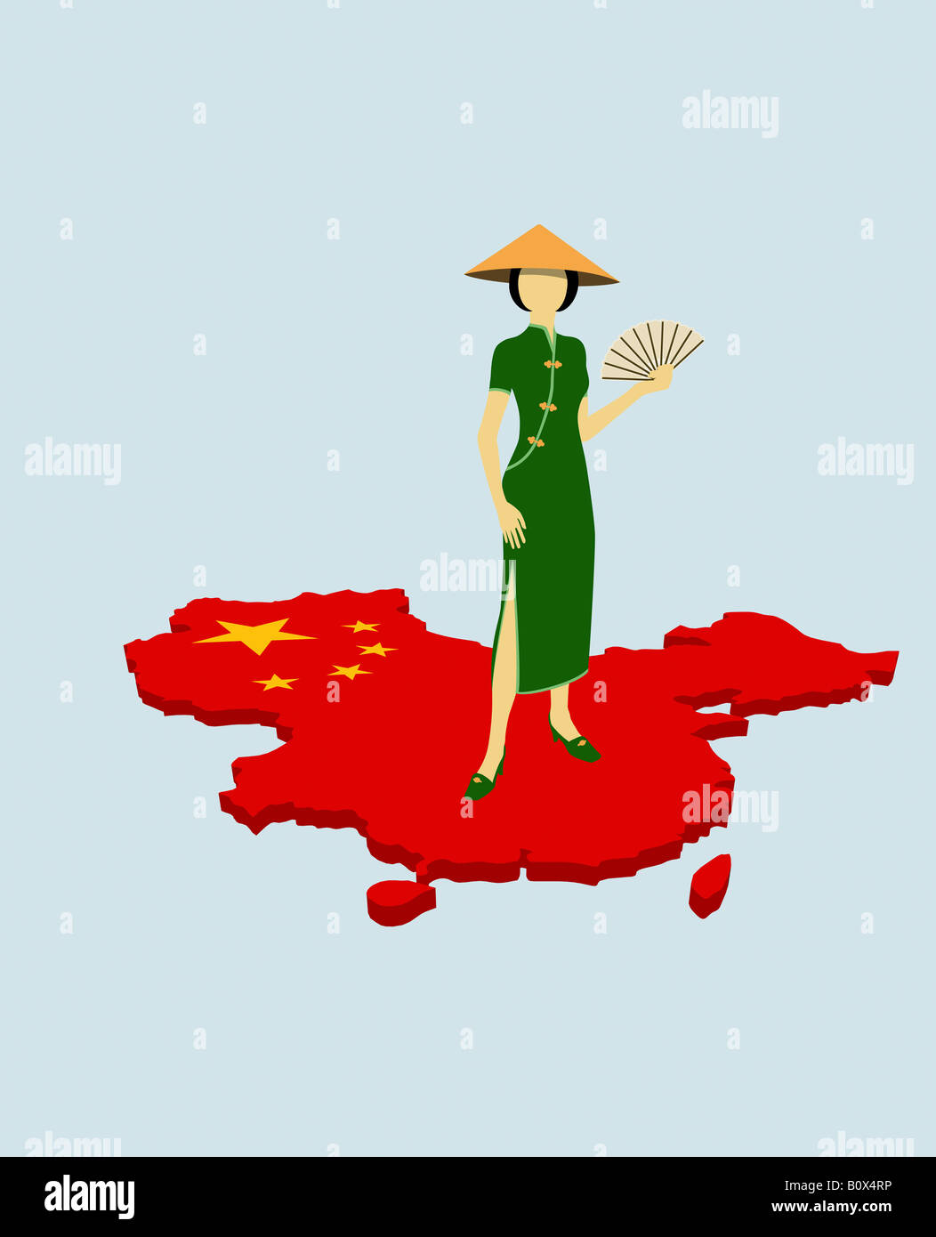 A stereotypical Chinese woman standing on the Chinese flag in the shape of China Stock Photo