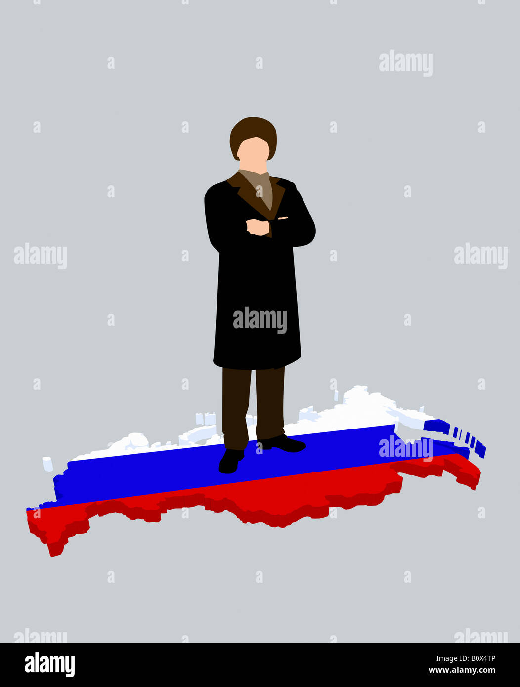 Stereotypical Russian man standing on a Russian flag in the shape of Russia Stock Photo