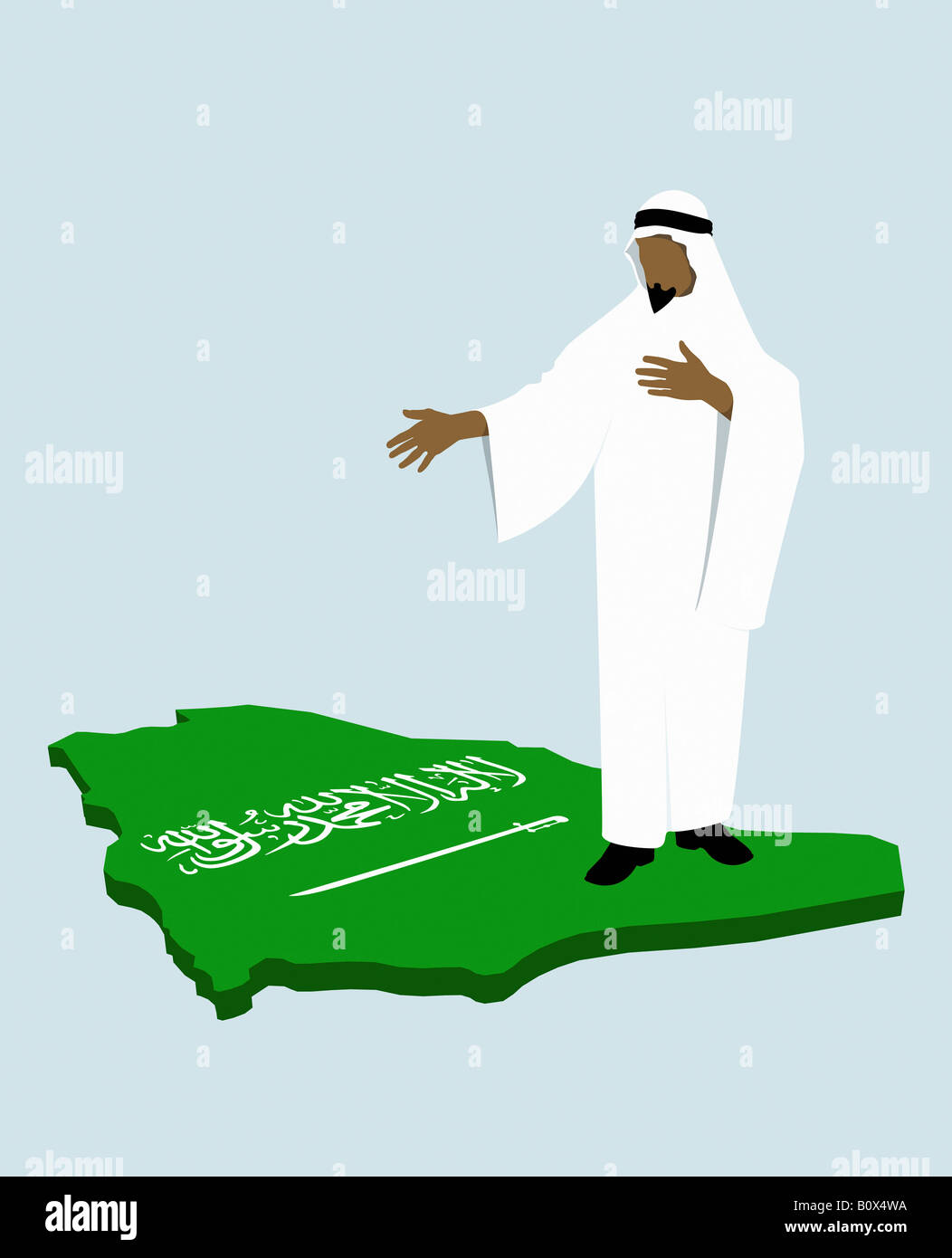 Stereotypical Saudi Arabian man standing on the Saudi Arabian flag in the shape of Saudi Arabia Stock Photo