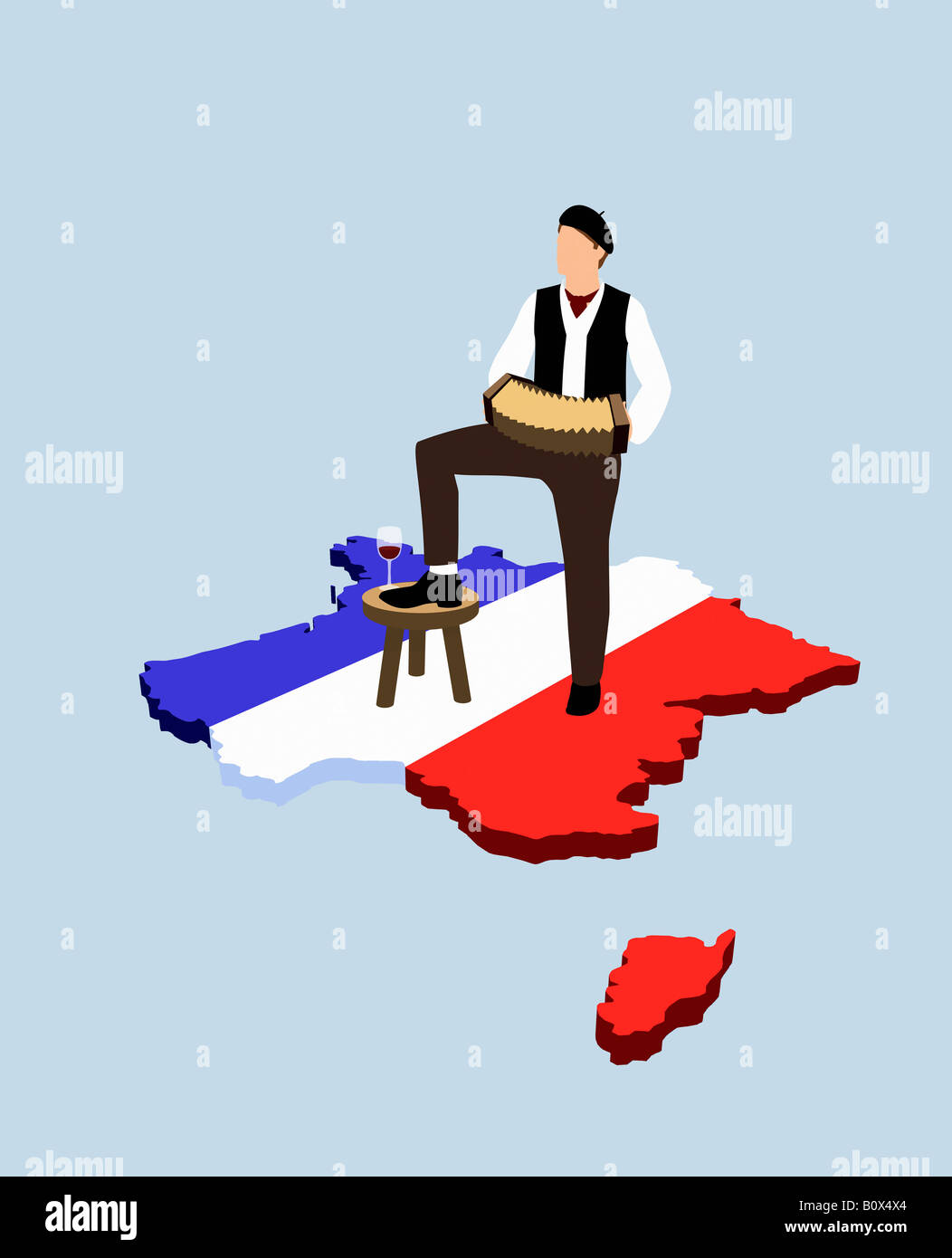Stereotypical French man standing on French flag in the shape of France Stock Photo