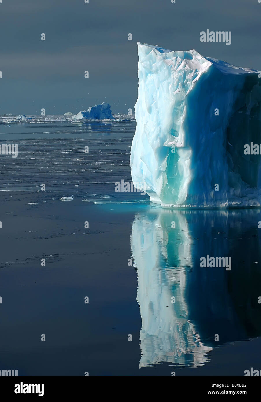 Bright sunlit side of an Antarctic iceberg. Icebergs and snow petrels in the background., Antarctica Stock Photo