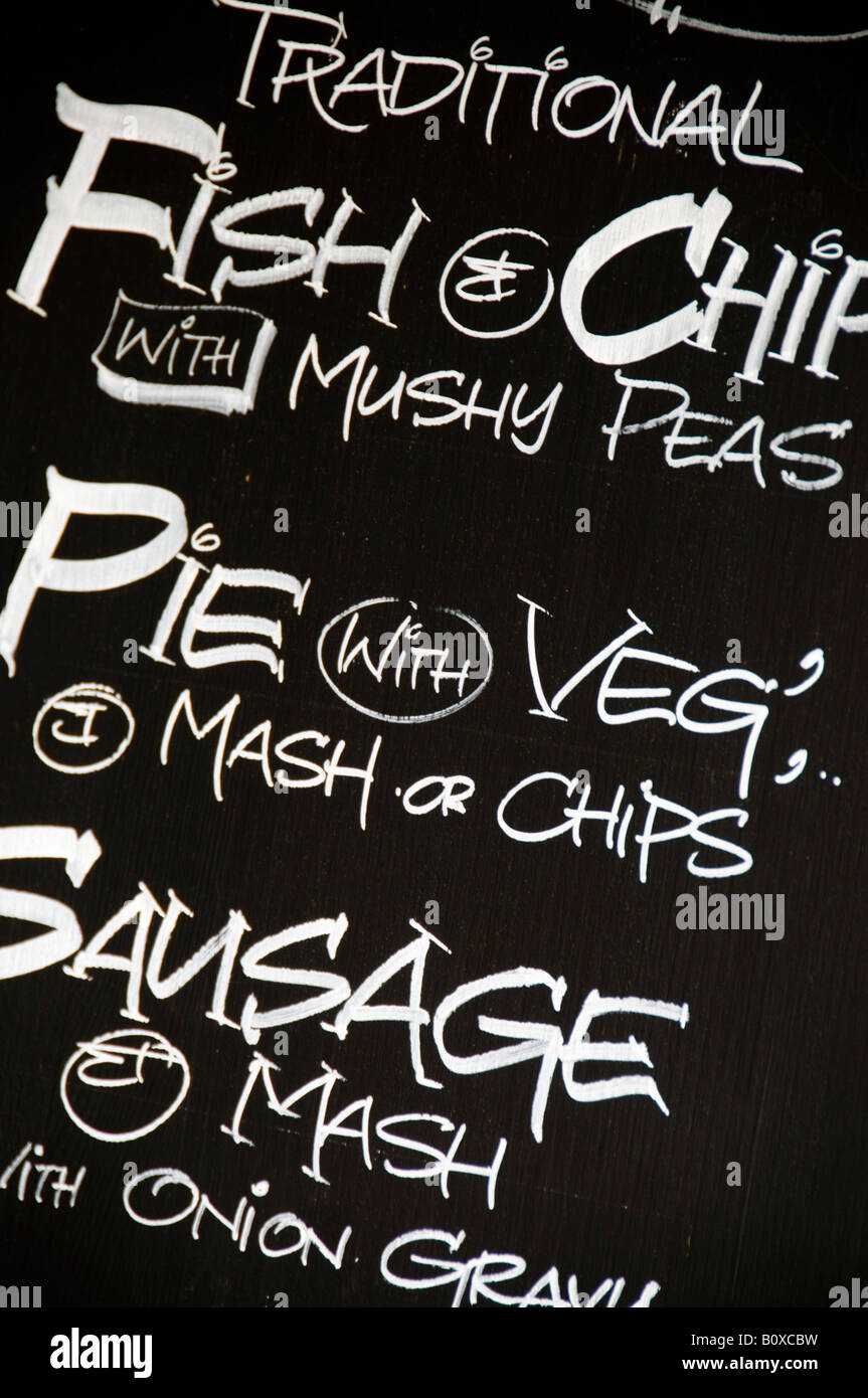 a typical pub menu written on blackboard with chalk, London, England Stock Photo
