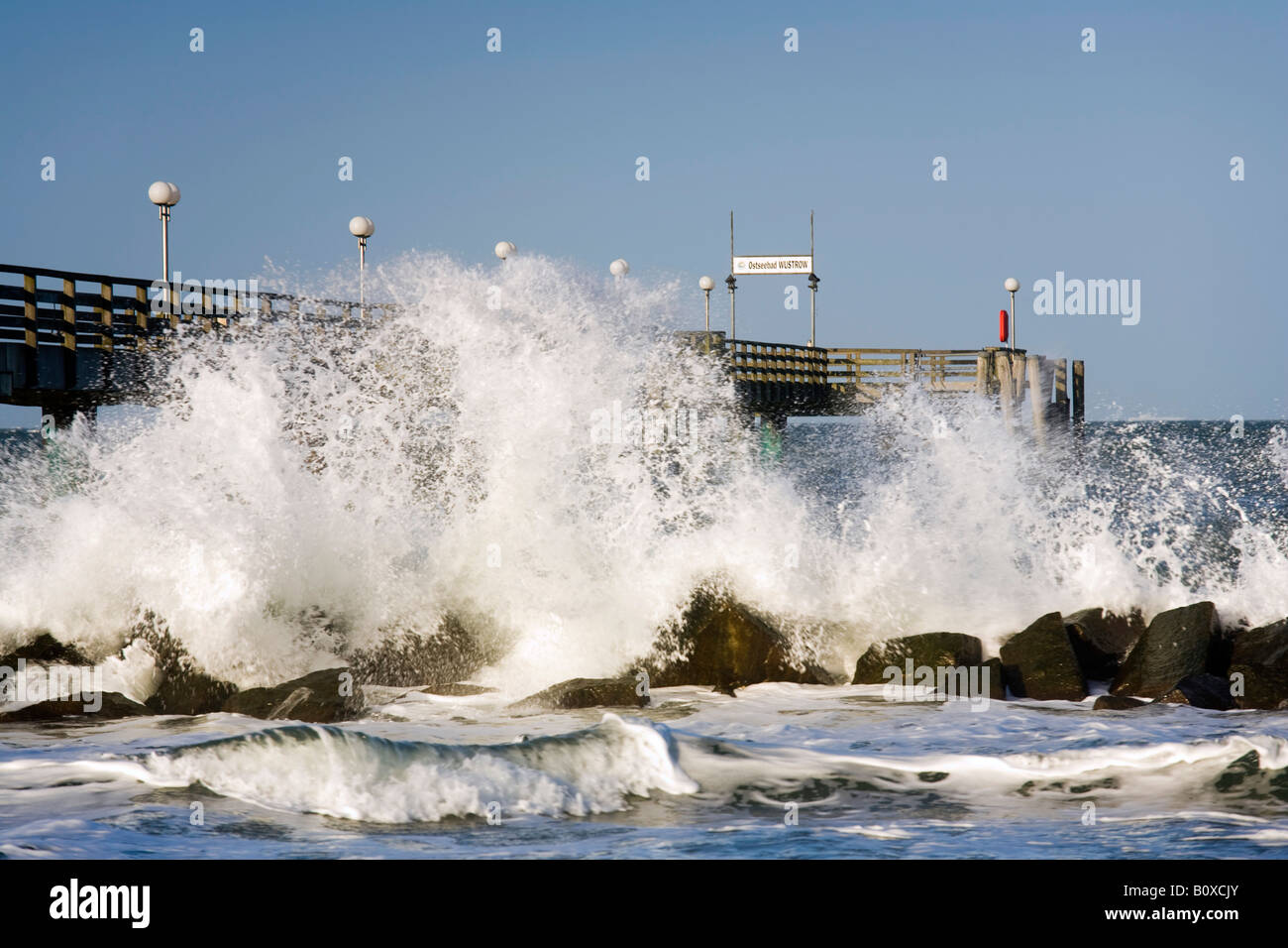 stormy sea at the gangplank, Germany, Mecklenburg-Western Pomerania, Wustrow, Ostseebad Wustrow Stock Photo