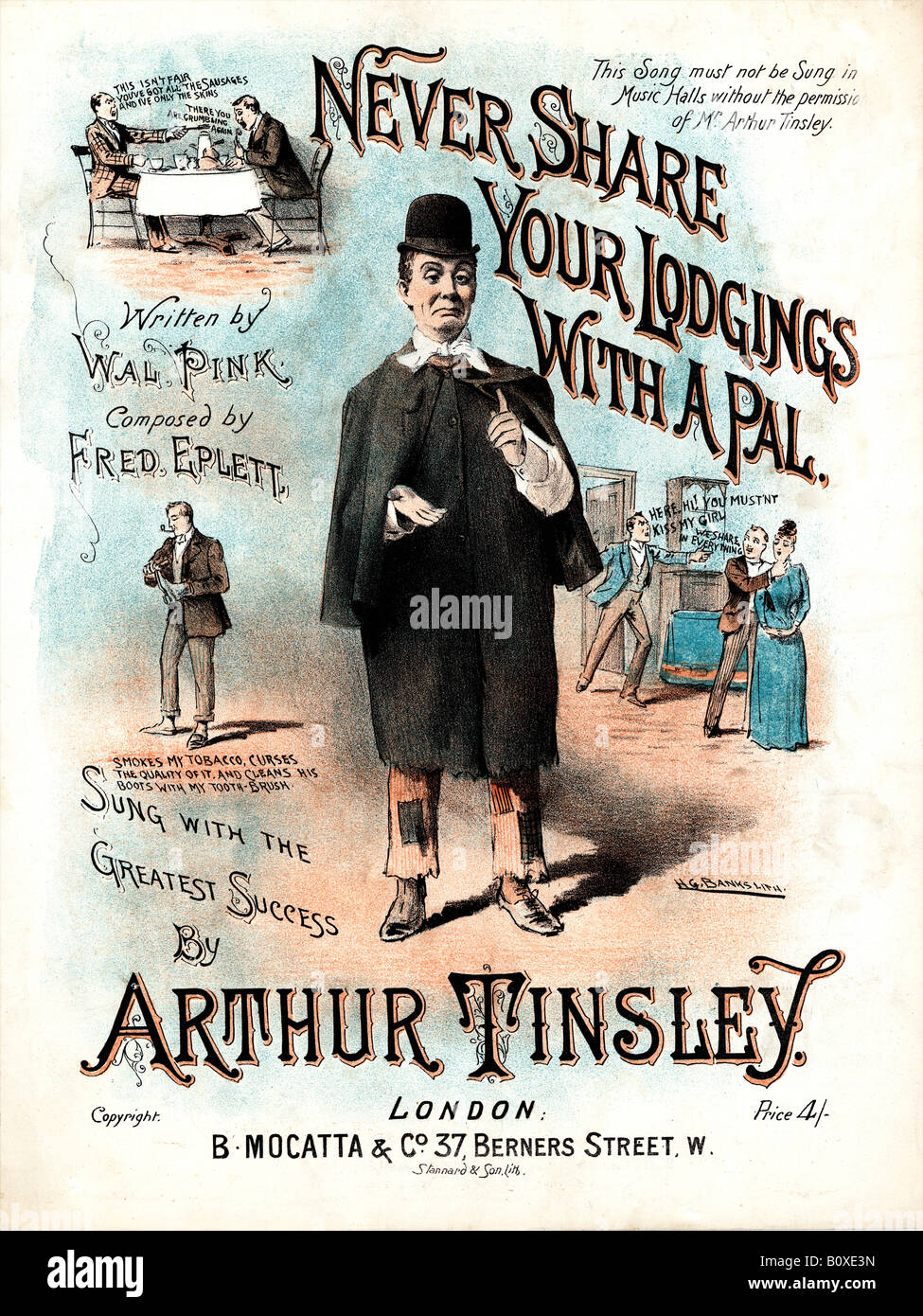 Never Share Your Lodgings With A Pal Late Victorian music sheet cover for a comic song sung by Arthur Tinsley written by Wal Pink and Fred Eplett Stock Photo