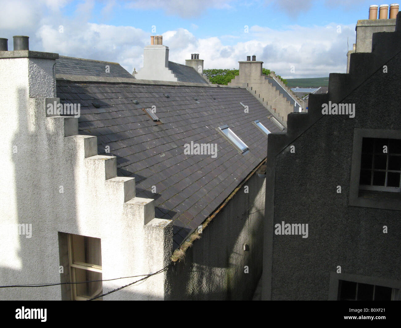 Some of the houses in Kirkwall, the capital of the Orkney Islands in Scotland, were built in the 16th century. Stock Photo