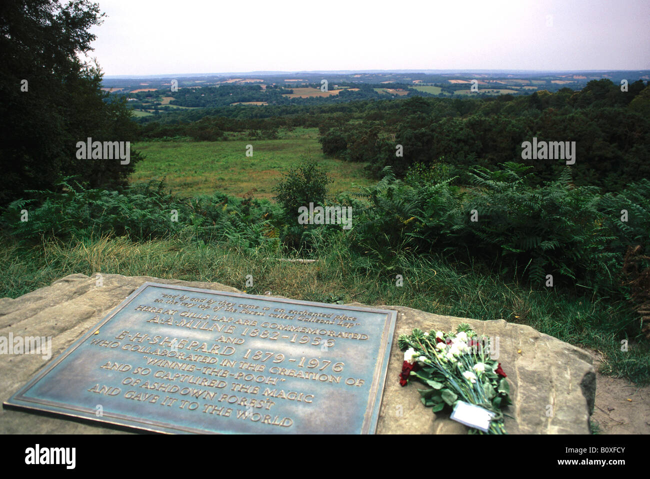Memorial plaque to A A Milne & E H Shepard who wrote illustrated WINNIE THE POOH overlooking Ashdown Forest East Sussex ENGLAND Stock Photo