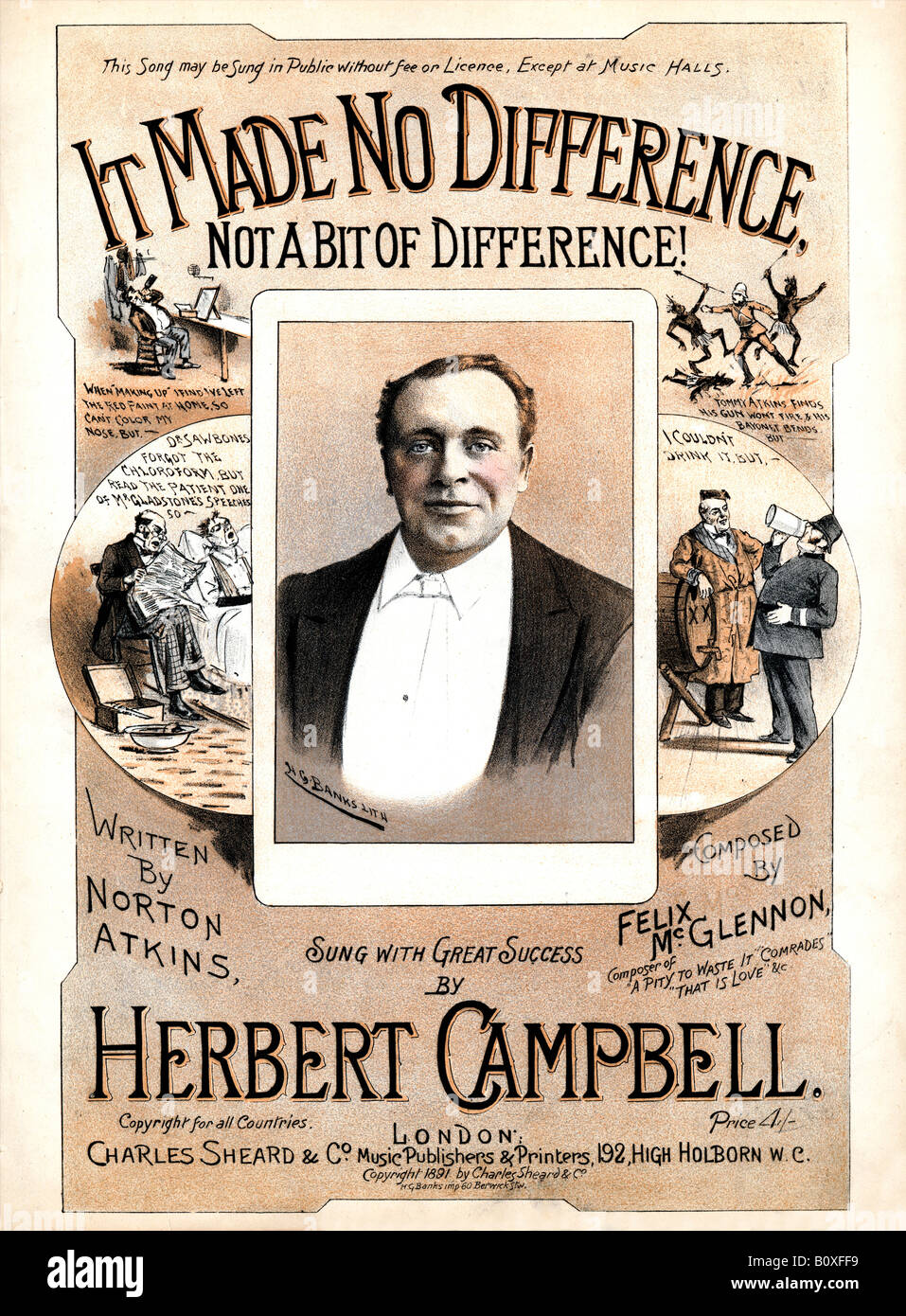 It Made No Difference Victorian music sheet cover for a comic song on making the best of it sung by Herbert Campbell Stock Photo