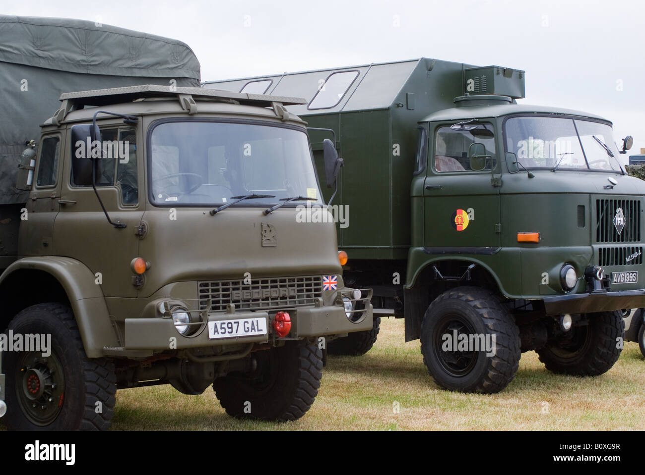 British Army Bedford All Wheel Drive and East German IFA W50 Trucks at Smallwood Vintage Rally Cheshire England United Kingdom Stock Photo