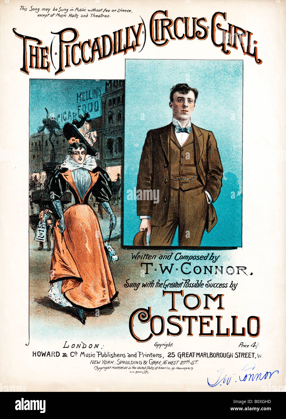 Piccadilly Circus Girl illustrated Victorian music sheet cover on a good time London lady sung by Tom Costello Stock Photo