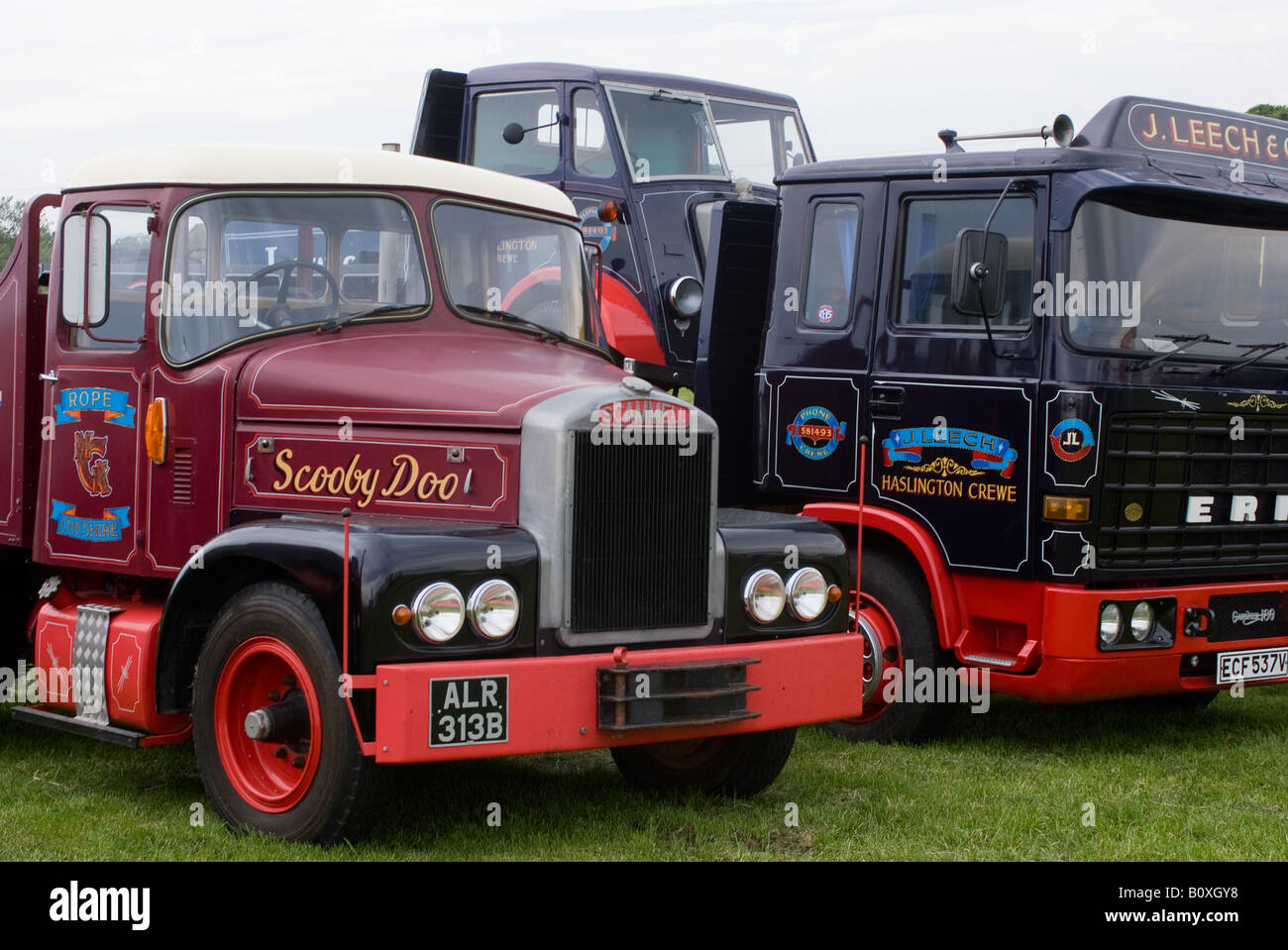 Scammell Highwayman Truck with ERF Flatbed Piggybacking a Guy Vixen Lorry at Smallwood Vintage Rally Cheshire England UK Stock Photo