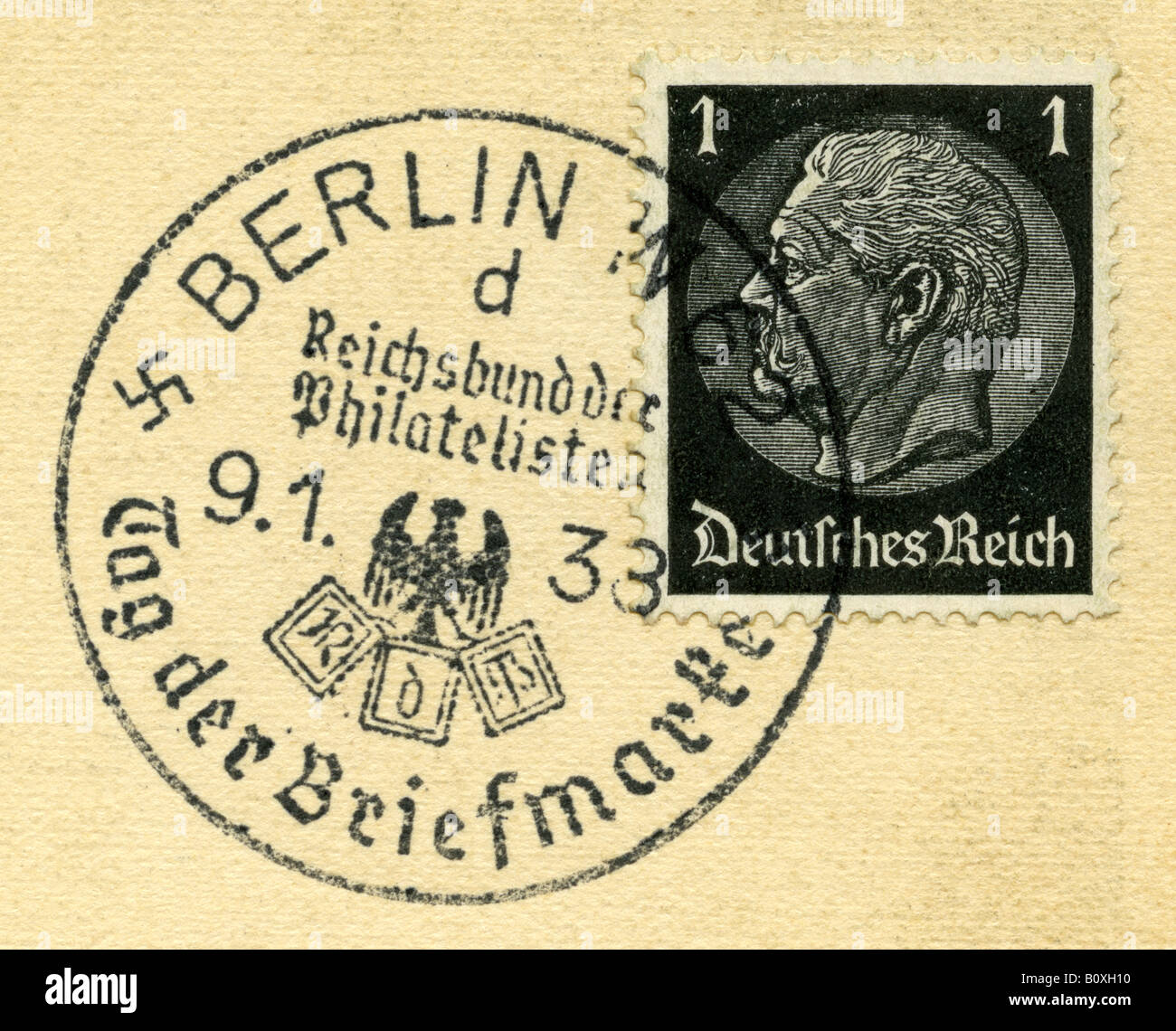 Germany Deutsches Reich 1 pfennig Hindenburg issue, postmarked Berlin 1938. Stock Photo