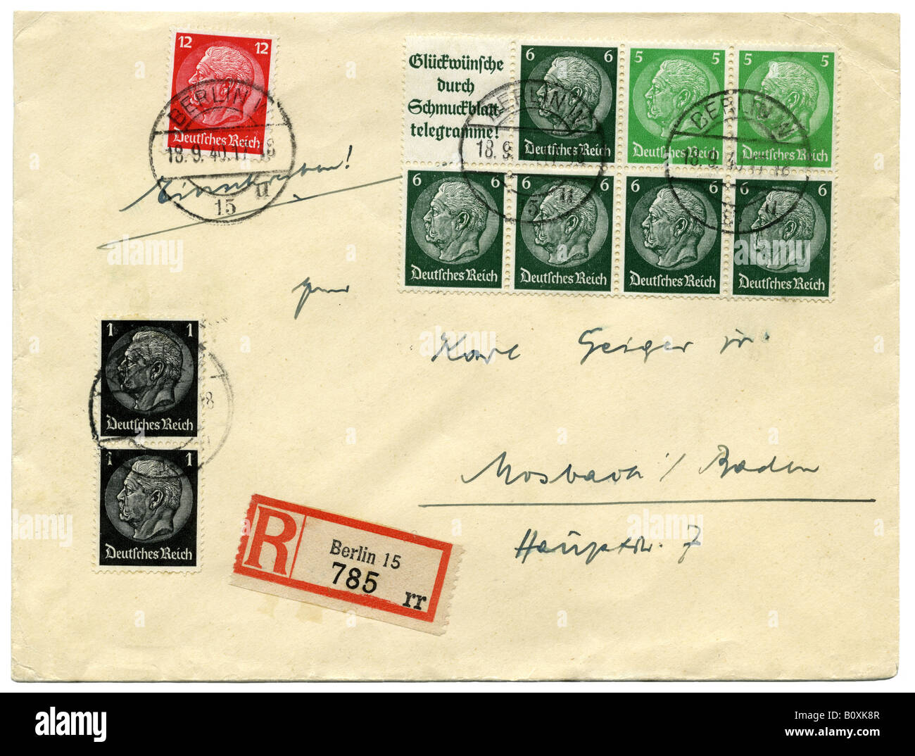 Germany Deutsches Reich Hindenburg stamps on Registered letter, postmarked Berlin, 1940. Stock Photo