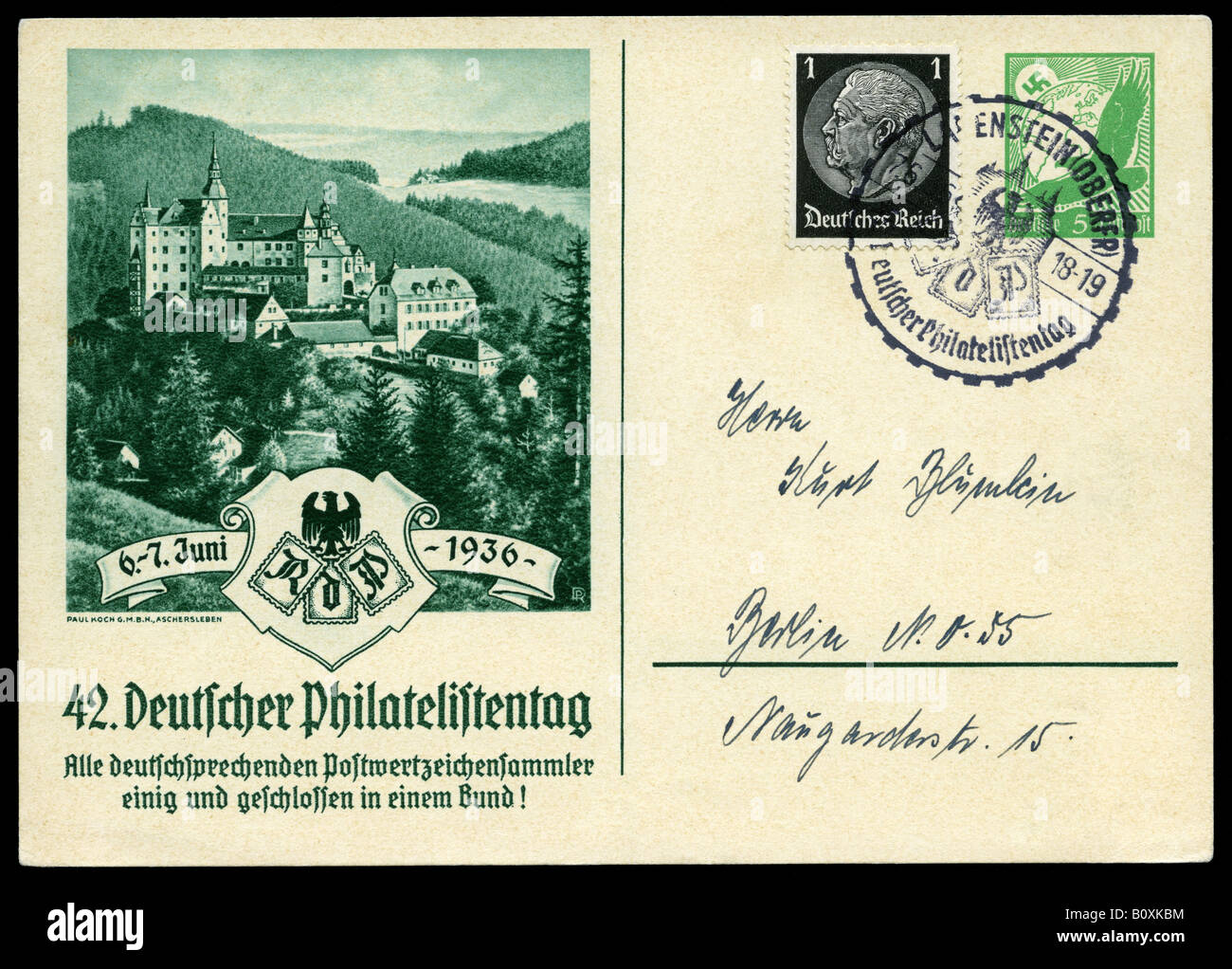 Germany Deutsches Reich Hindenburg and German eagle stamps on postcard illustrating philatelic expo, Burg Lauenstein, Altenberg. Stock Photo