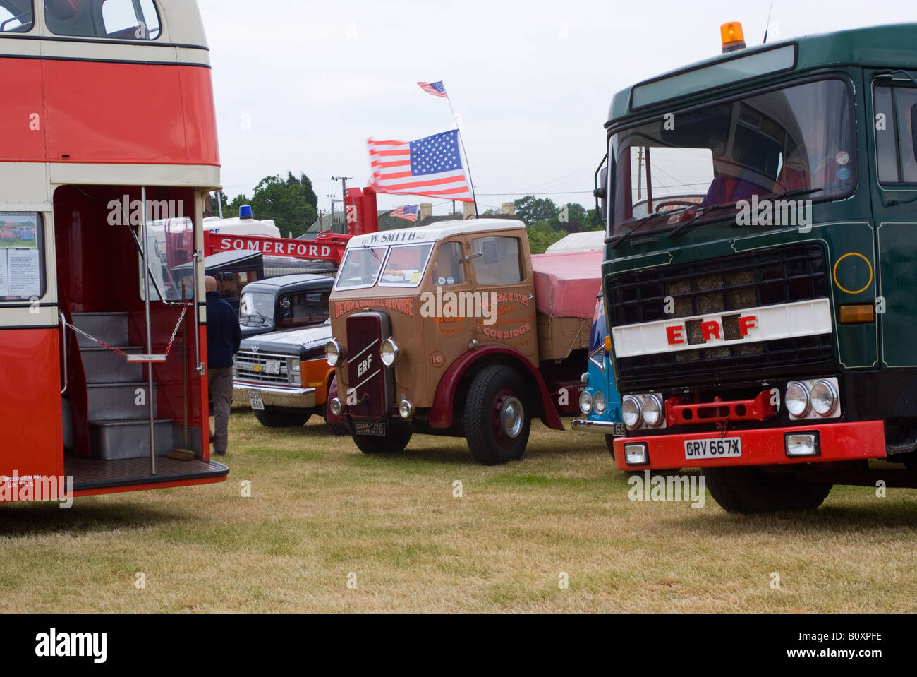 Old Stockport Corporation Leyland Titan Double Decker Bus 1938 ERF Dropside and ERF Trucks at Smallwood Vintage Rally Cheshire Stock Photo