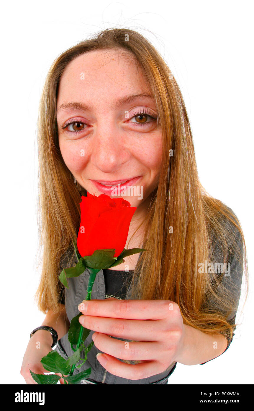 young women with a red rose Stock Photo Alamy