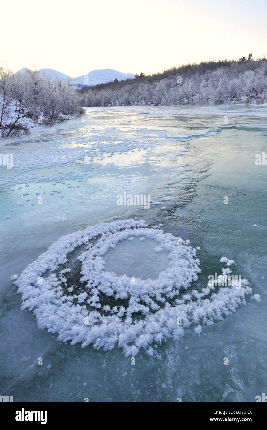 frozen river Abiskojkka, Sweden, Lapland, Norrbotten, Abisko National Park Stock Photo