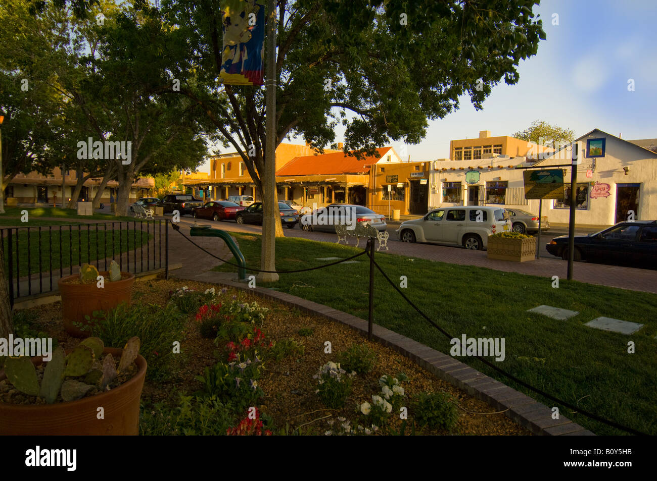 Shops alongside the Old Town Plaza in historic Old Town Albuquerque New Mexico Stock Photo