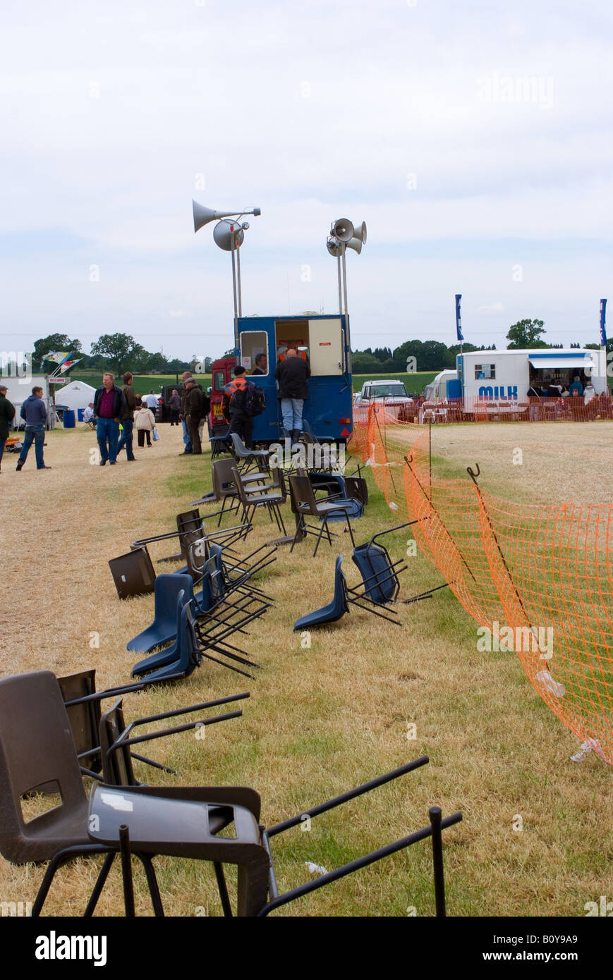 Empty Upturned Chairs and Loudspeaker Commentary Box by Parade Ring at Smallwood Vintage Rally Cheshire England United Kingdom Stock Photo