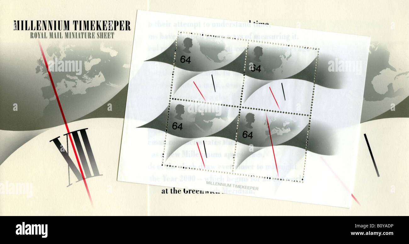 Great Britain 'Millennium Timekeeper' 64p miniature stamp sheet designed by David Gentleman, issued 14 December 1999. Stock Photo