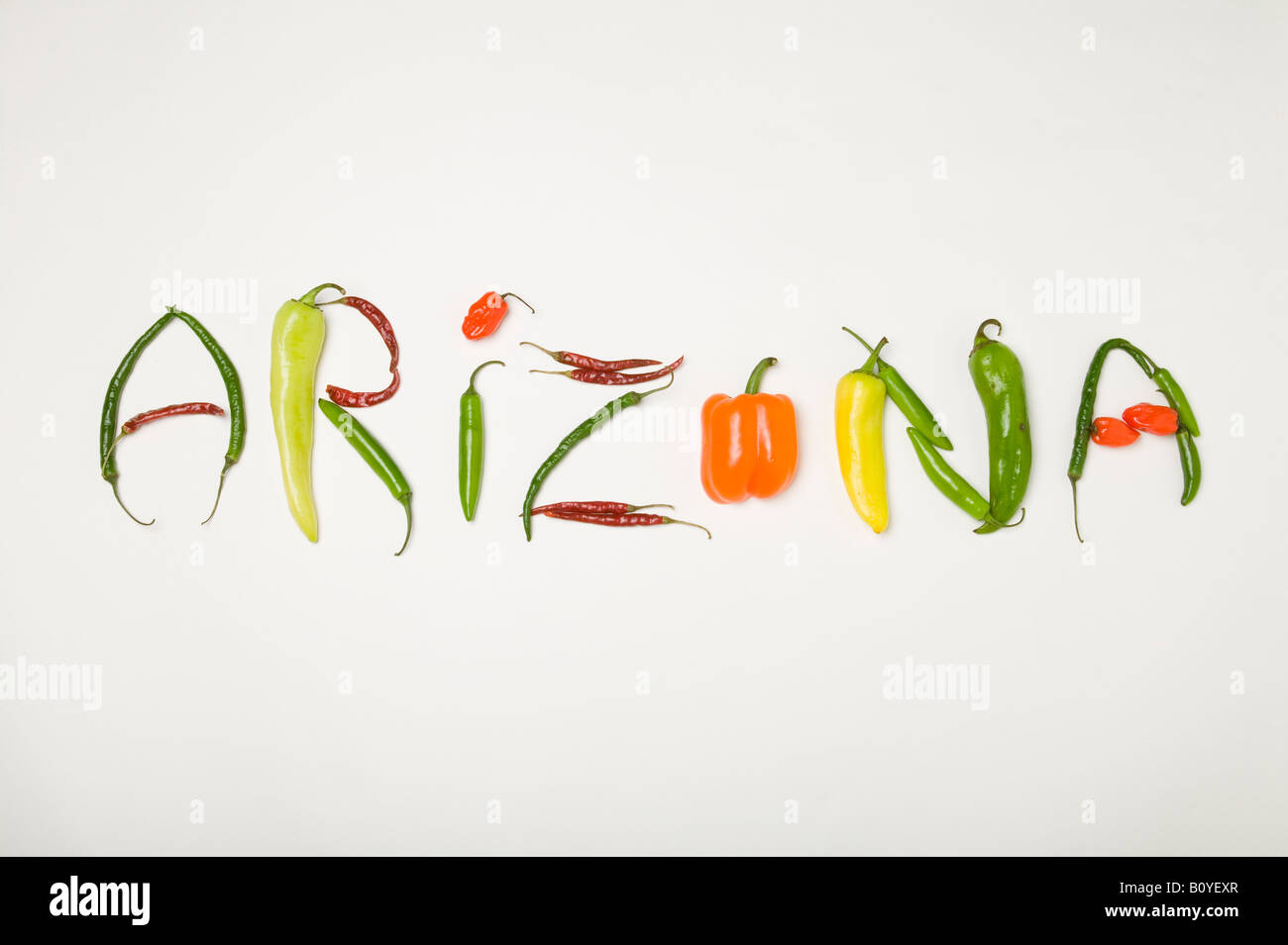 The USA state of Arizona spelled using a variety of chilies grown in Arizona Stock Photo