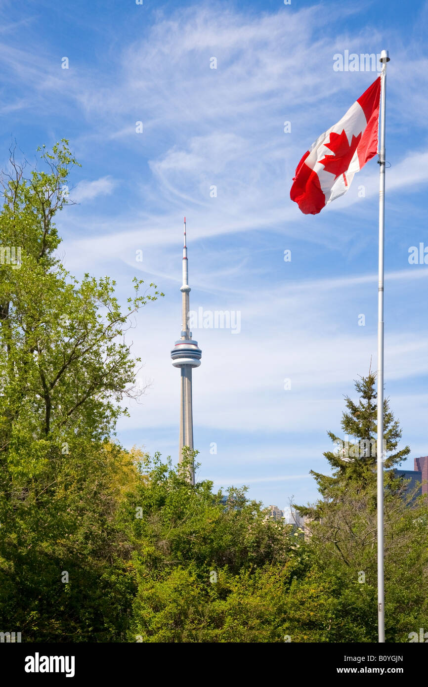 The Cn Tower In Toronto Ontario Canada With The Canadian Flag In The Foreground Stock Photo Alamy