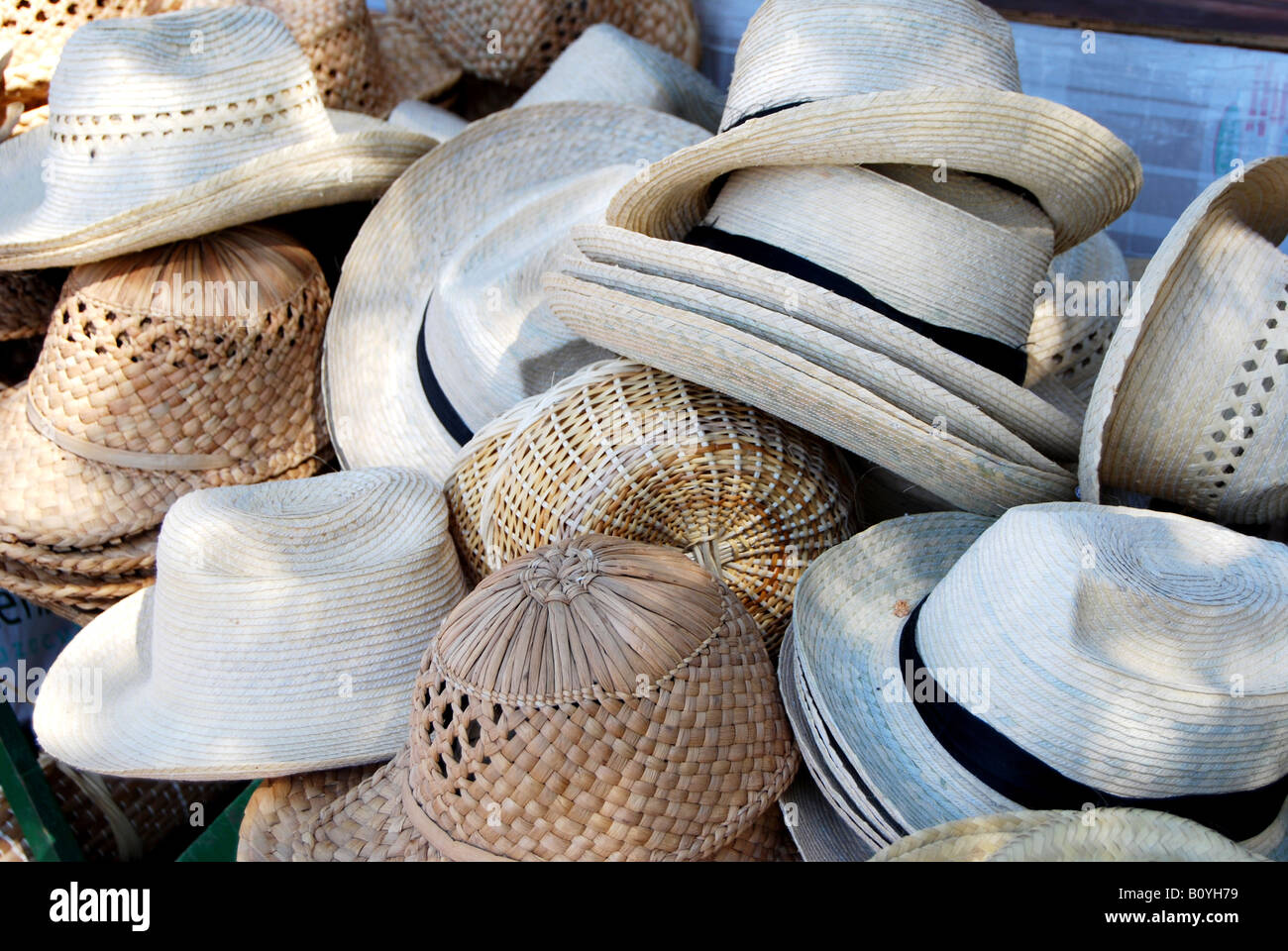 Panama hats for sale at the Feria de la Artesania in Havana Vieja Stock Photo