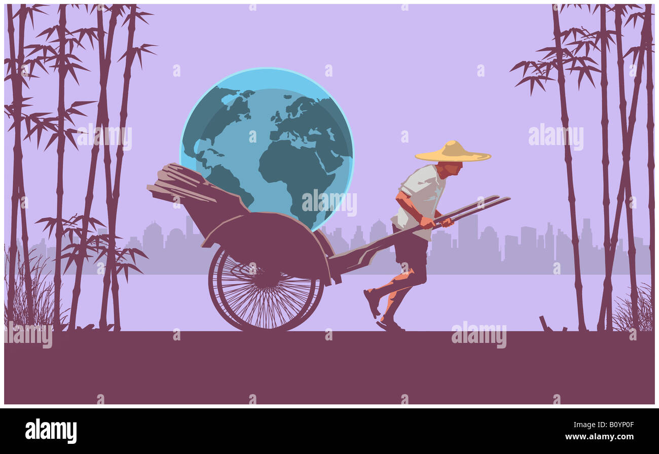 Asian peasant transporting terrestrial globe on his pushcart Stock Photo