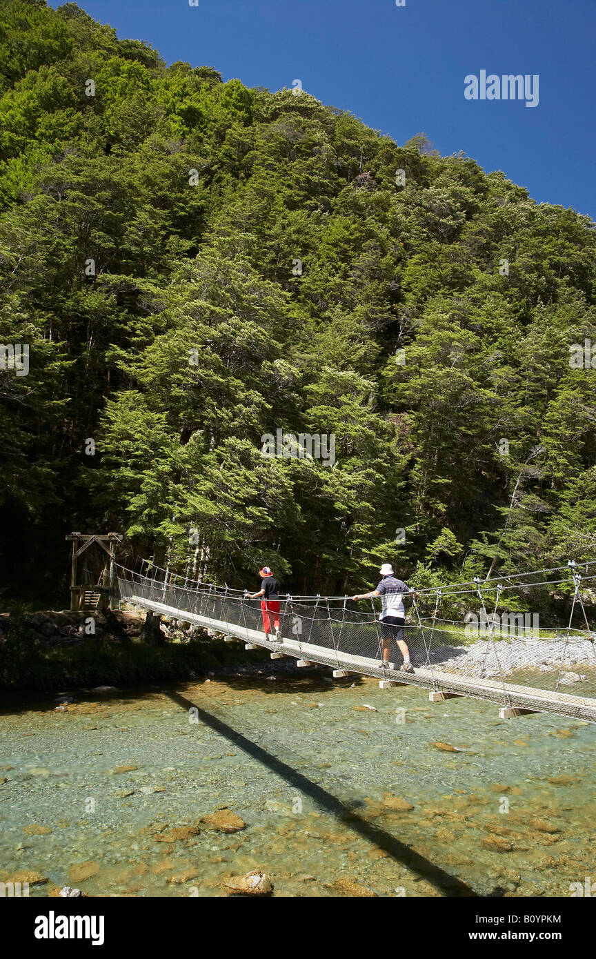 Swing Bridge across Caples River Caples and Greenstone Valleys near Lake Wakatipu South Island New Zealand Stock Photo