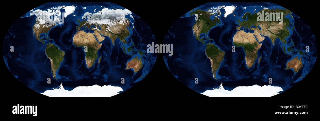 Worldwide seasonal changes in land ice coverage between January and July 2004 Stock Photo