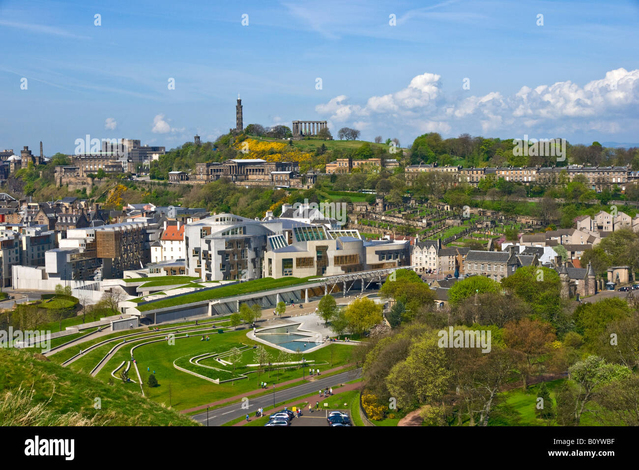 View of The Scottish Parliament (centre) Calton Hill (behind) and Queen's Gallery (right) Edinburgh Stock Photo