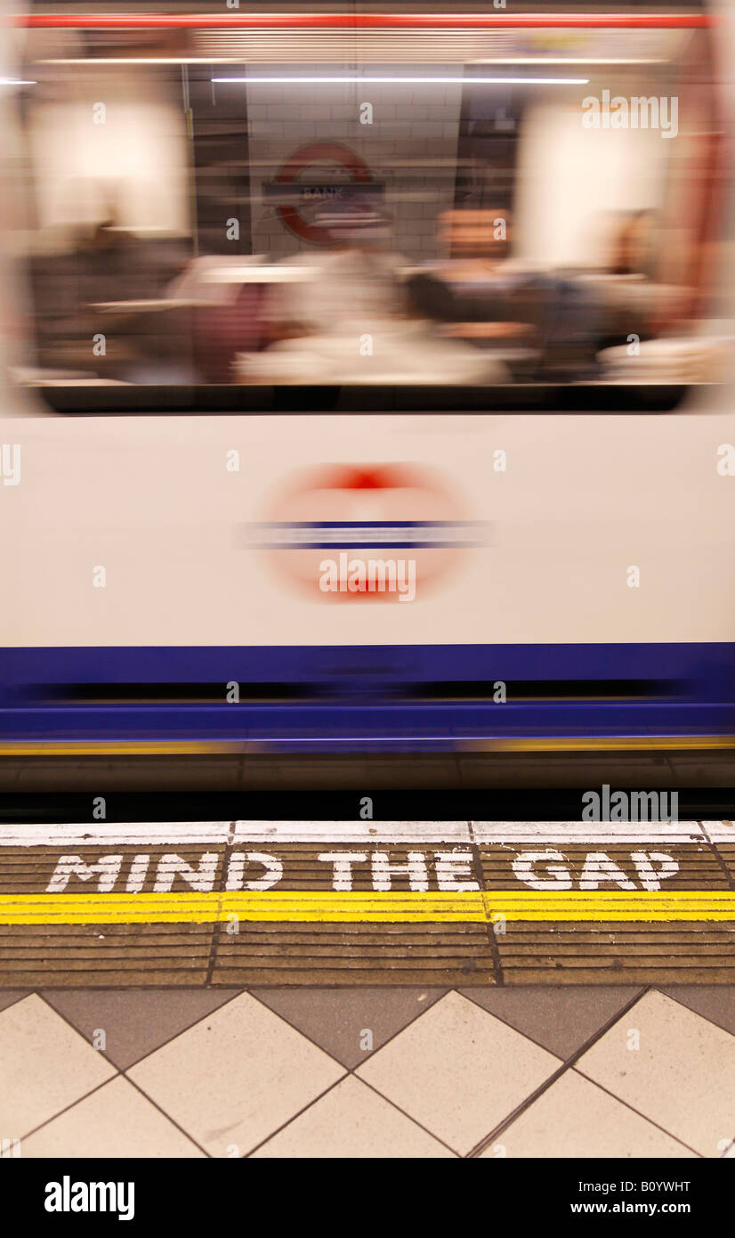 mind the gap sign at bank underground station on the london tube Stock Photo