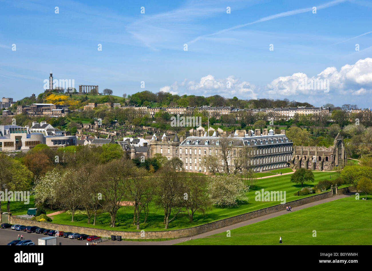 Palace of Holyroodhouse in Edinburgh Scotland with old Chapel Royal seen from Salisbury Craigs Stock Photo