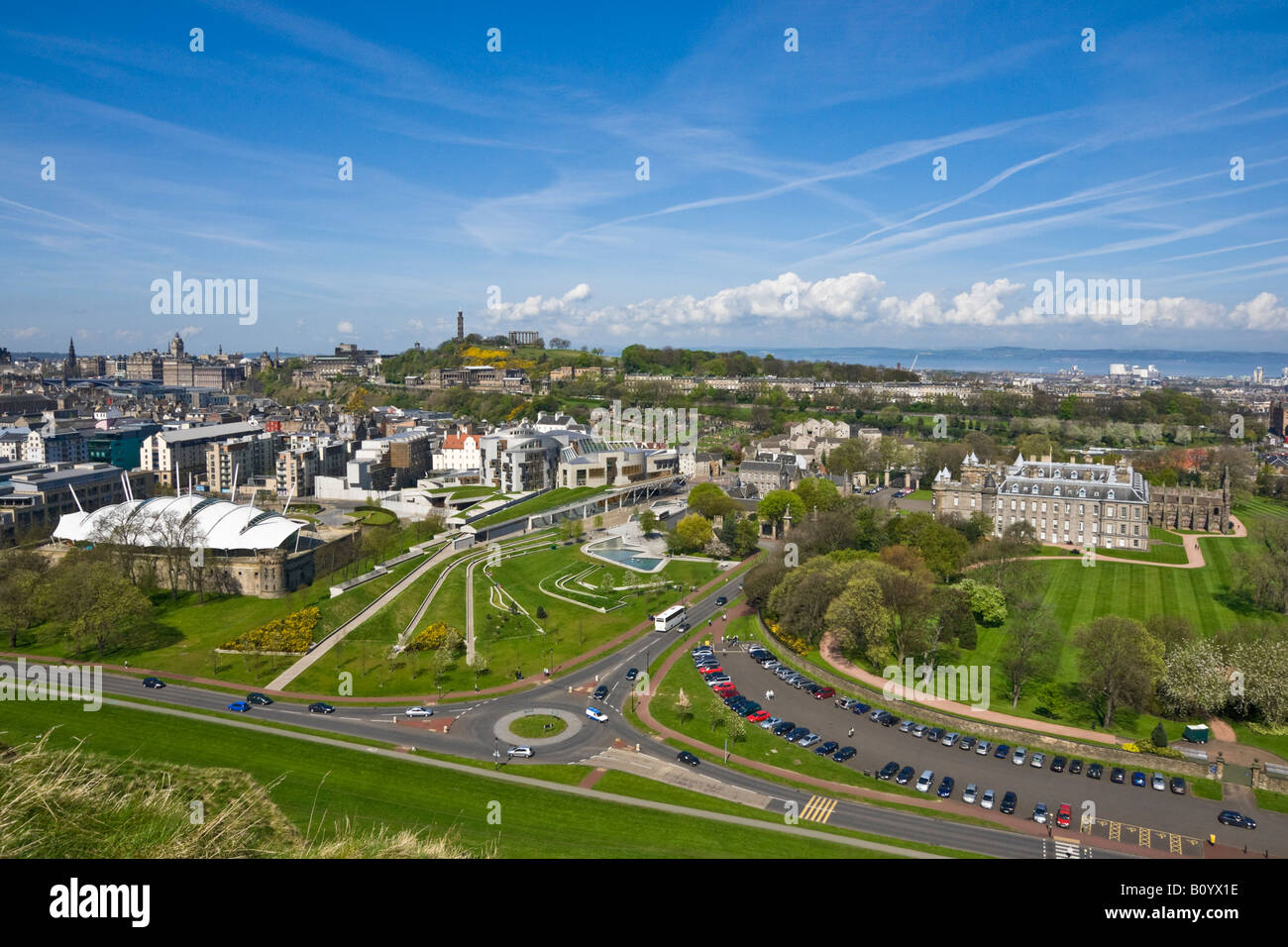 View of Our Dynamic Earth (left) The Scottish Parliament (centre) Calton Hill (behind) and Palace of Holyroodhouse (r) Edinburgh Stock Photo