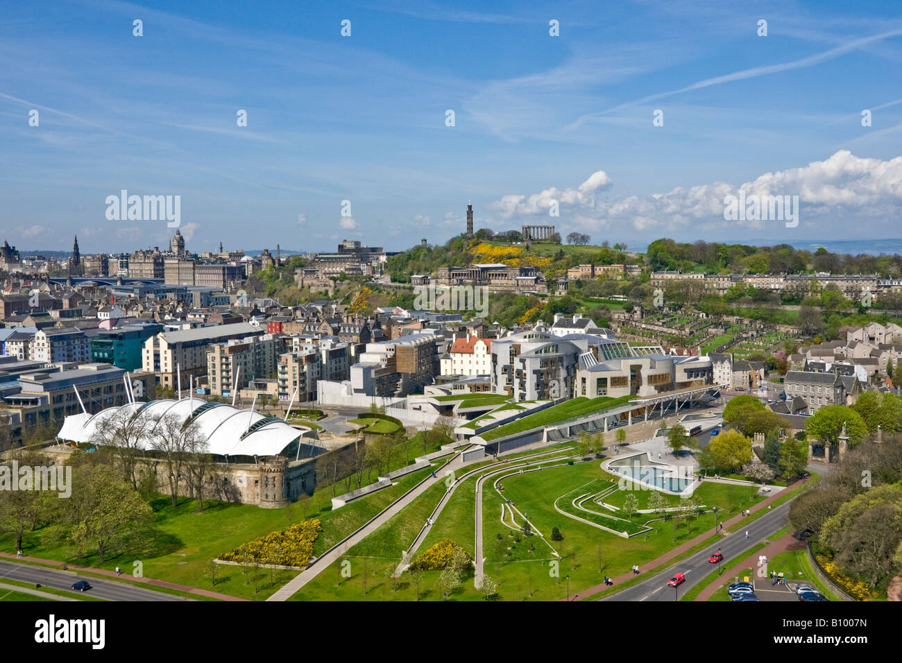 View of Our Dynamic Earth (left) The Scottish Parliament (centre) Calton Hill (behind) and Queen's Gallery (right) Edinburgh Stock Photo