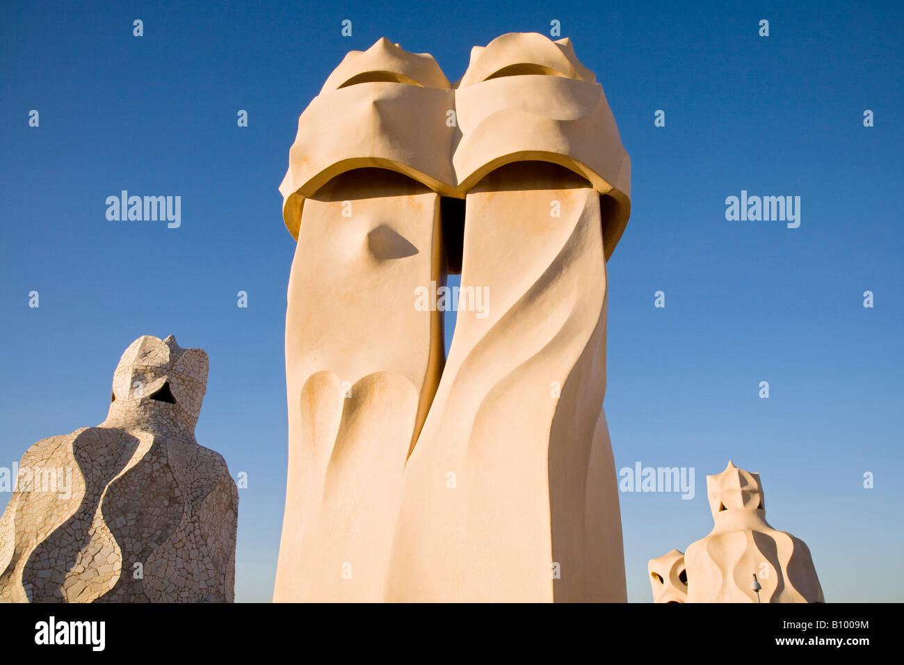 The chimney stacks on the roof of Casa Mila, Barcelona, Spain designed by Antoni Gaudi Stock Photo
