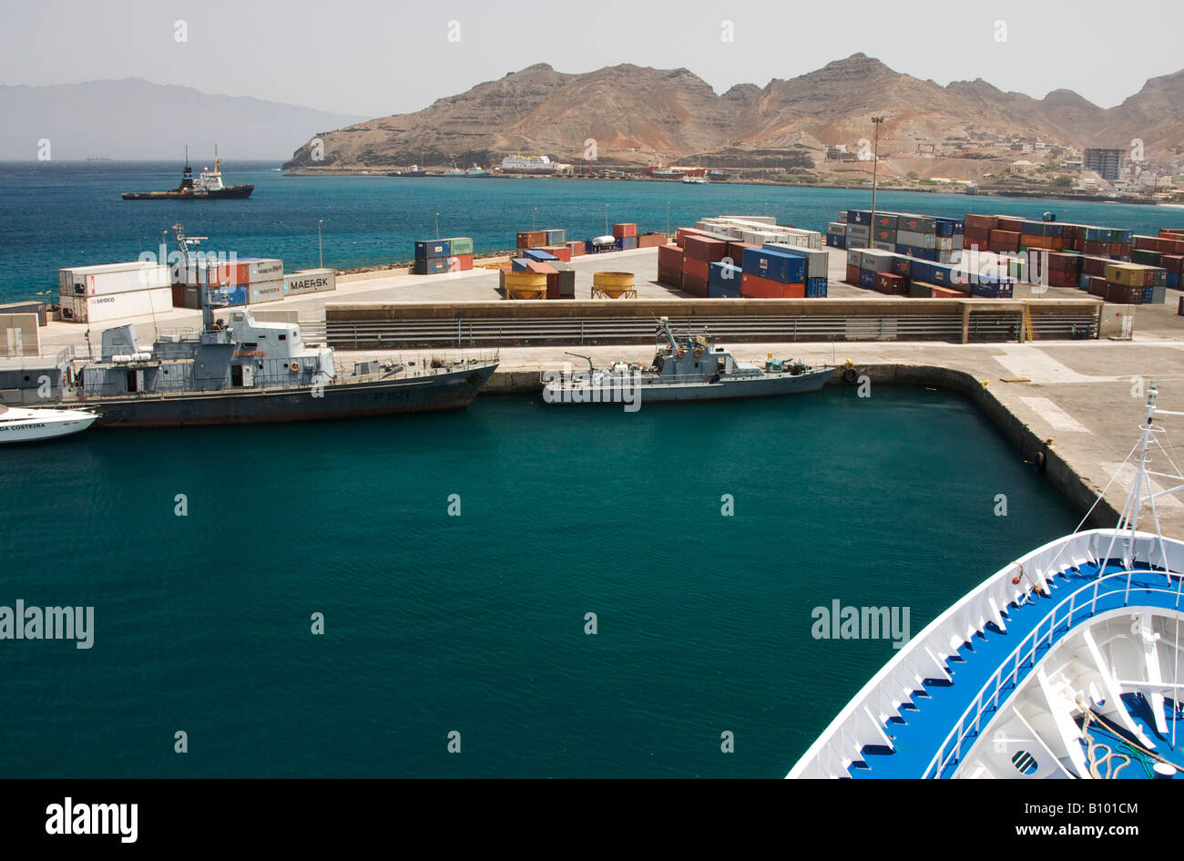 Cruise ship docked at Mindelo, Såo Vicente, Cape Verde Islands. Stock Photo