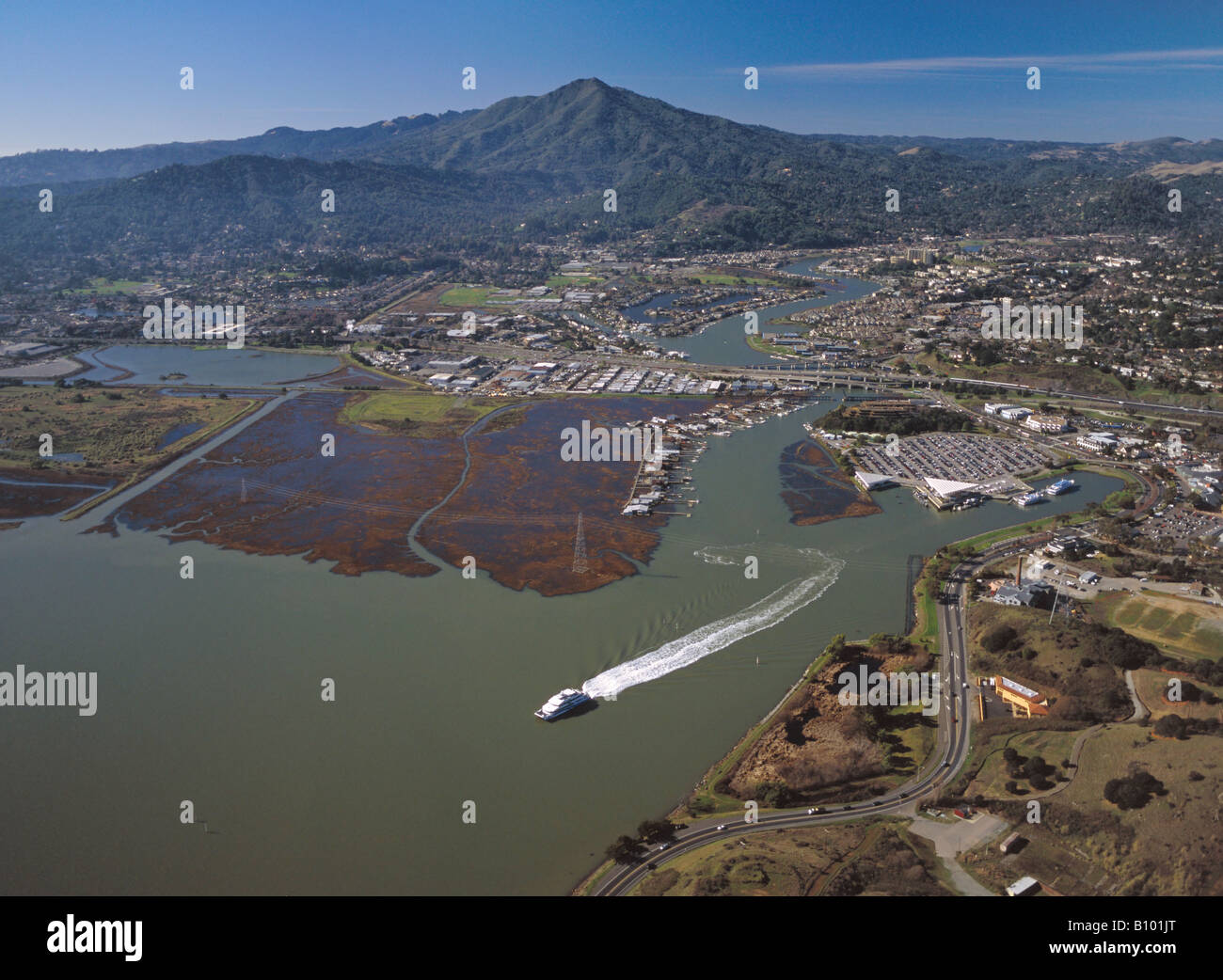 aerial above Larkspur ferry with Mount Tamalpais Marin County San Francisco bay California Stock Photo
