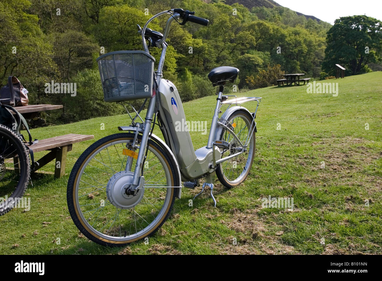 Electric bike British lead acid battery open countryside Wales UK Stock Photo