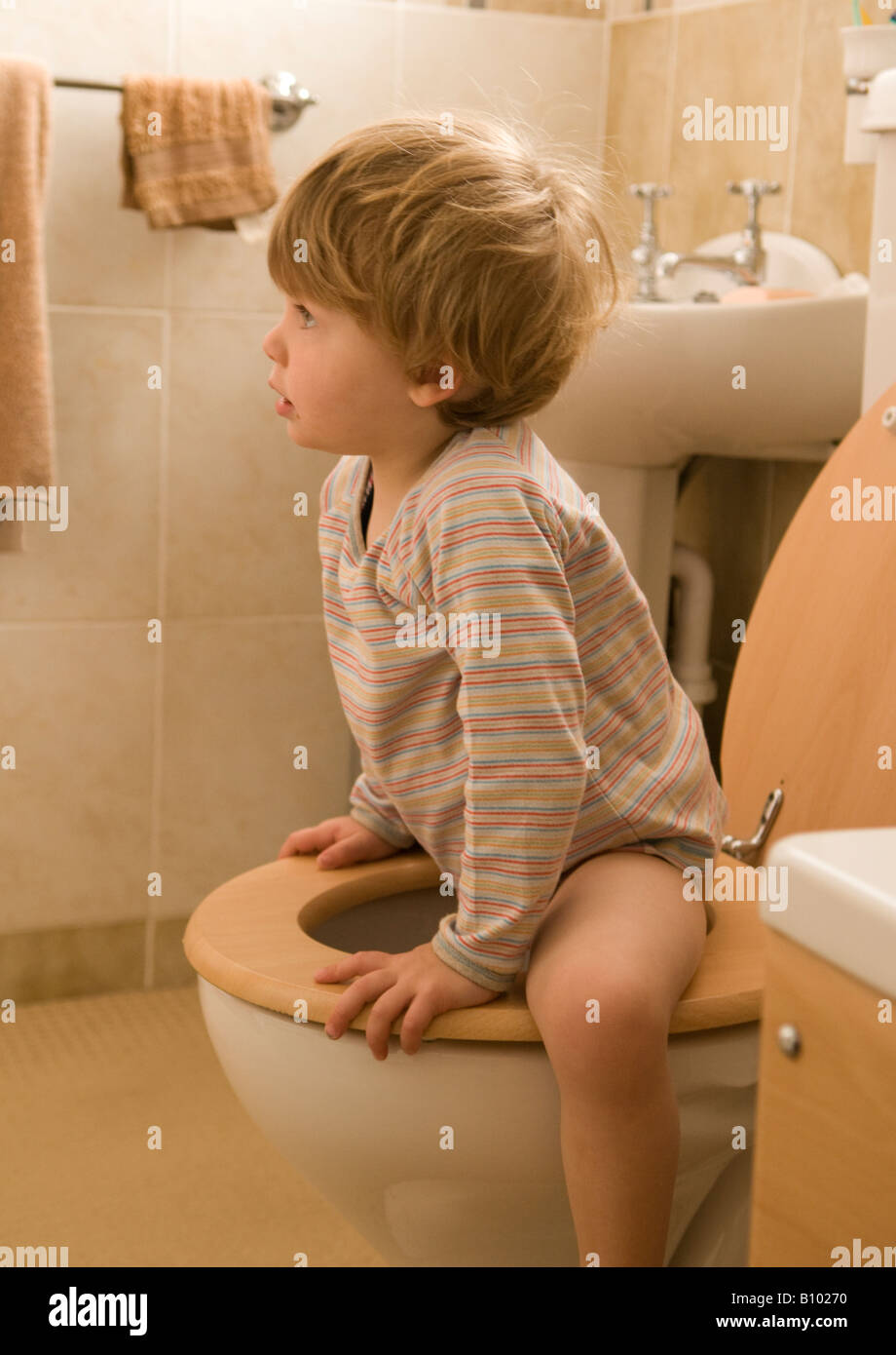 young child, boy, learning to use the toilet, loo, sitting on seat, two years old Stock Photo