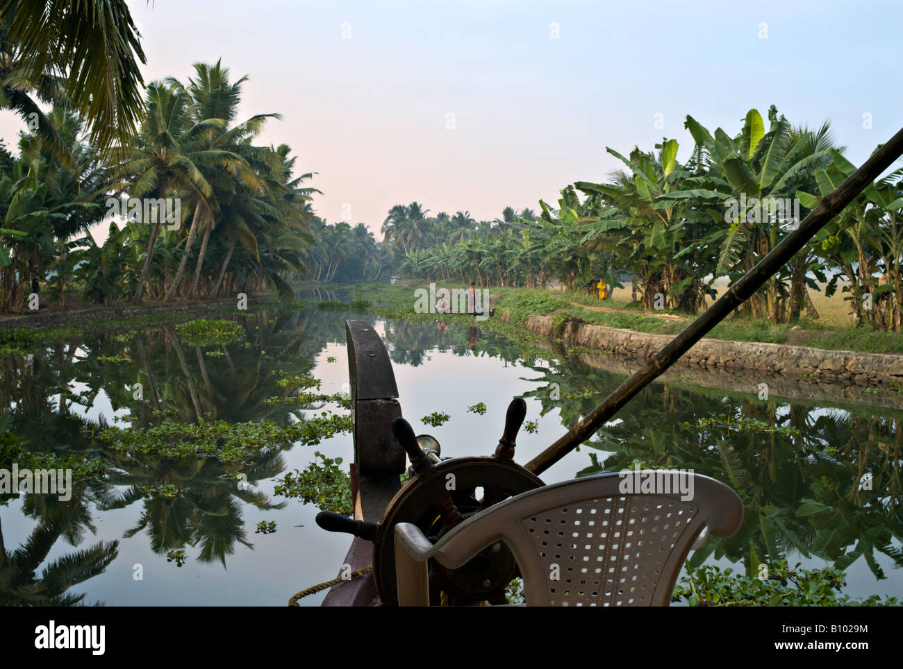 INDIA KERALA View from renovated rice boat on canal in the backwaters of Kerala Stock Photo