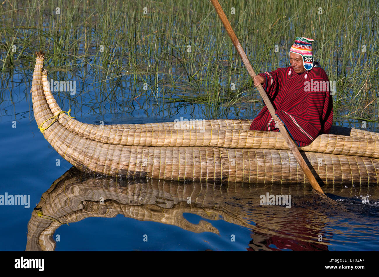 Traditional Urus Iruitos reed boat on Lake Titicaca in Bolivia Stock