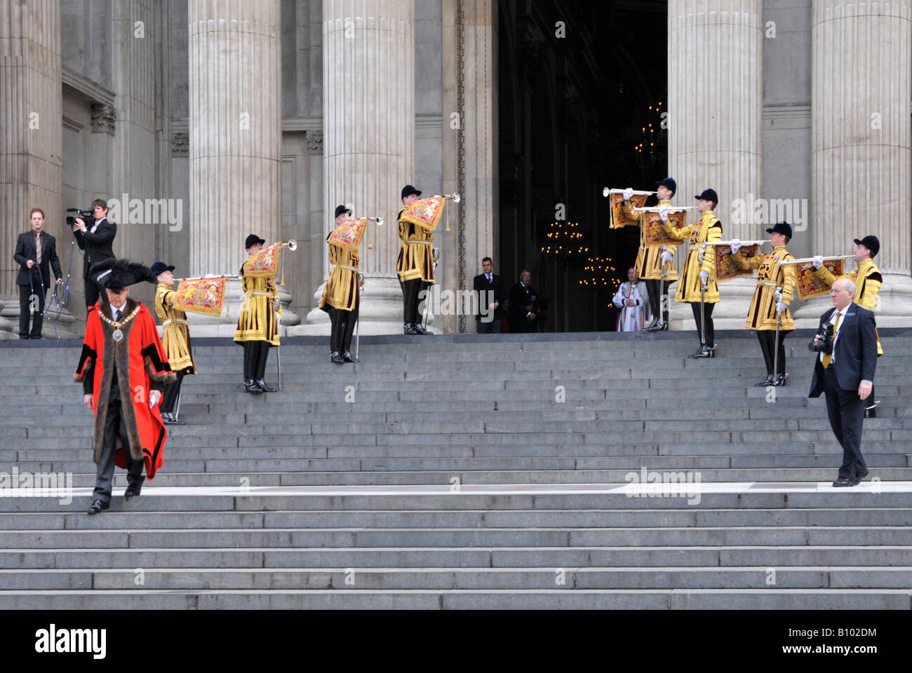 Trumpeter of The Life Guards in State Dress playing fanfare at St Pauls Cathedral Lord Mayor London walking to greet Prince Phillip City of London UK Stock Photo