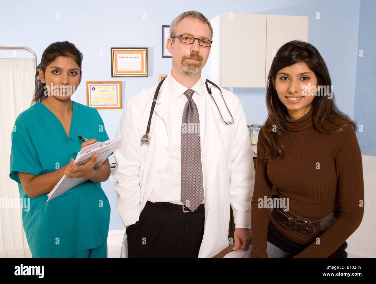 Nurse, doctor and female patient in exam room Stock Photo - Alamy